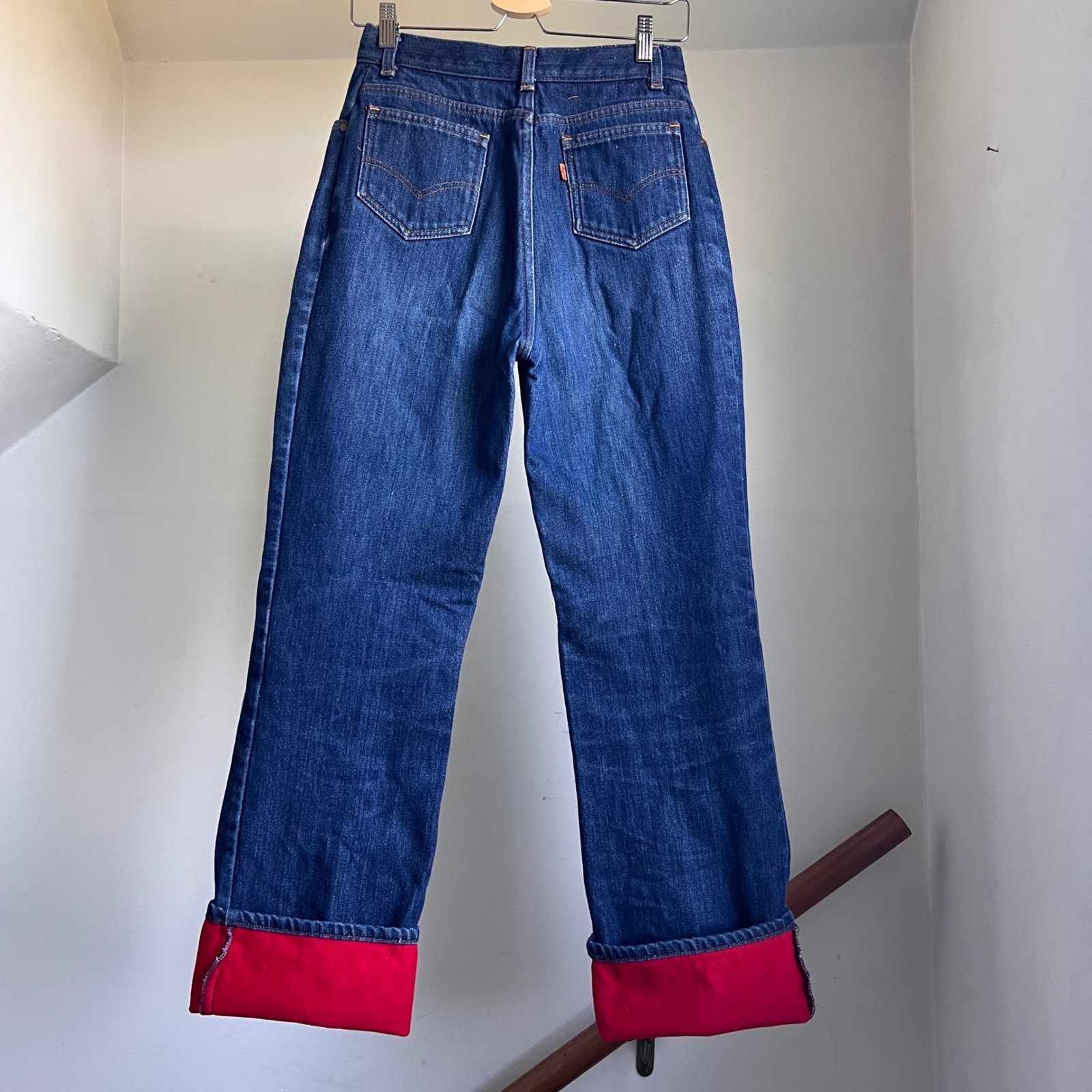 Vintage Levis Jeans Size 28 Red Fleece Lined High Rise Straight Leg Dark Wash