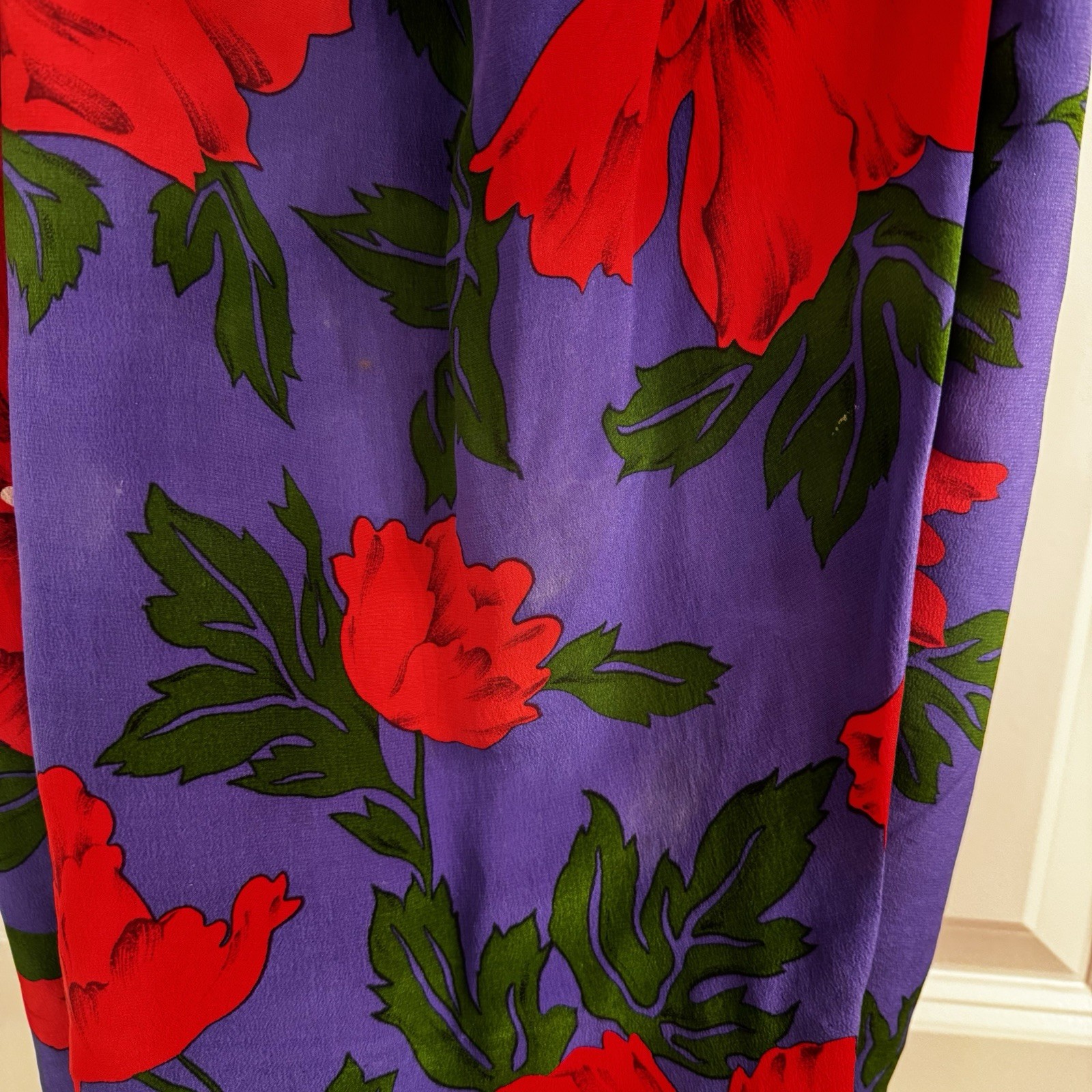 Vintage 80s Liz Claiborne 100% Silk Floral Dress Red Purple Midi 4 Shoulder Pads