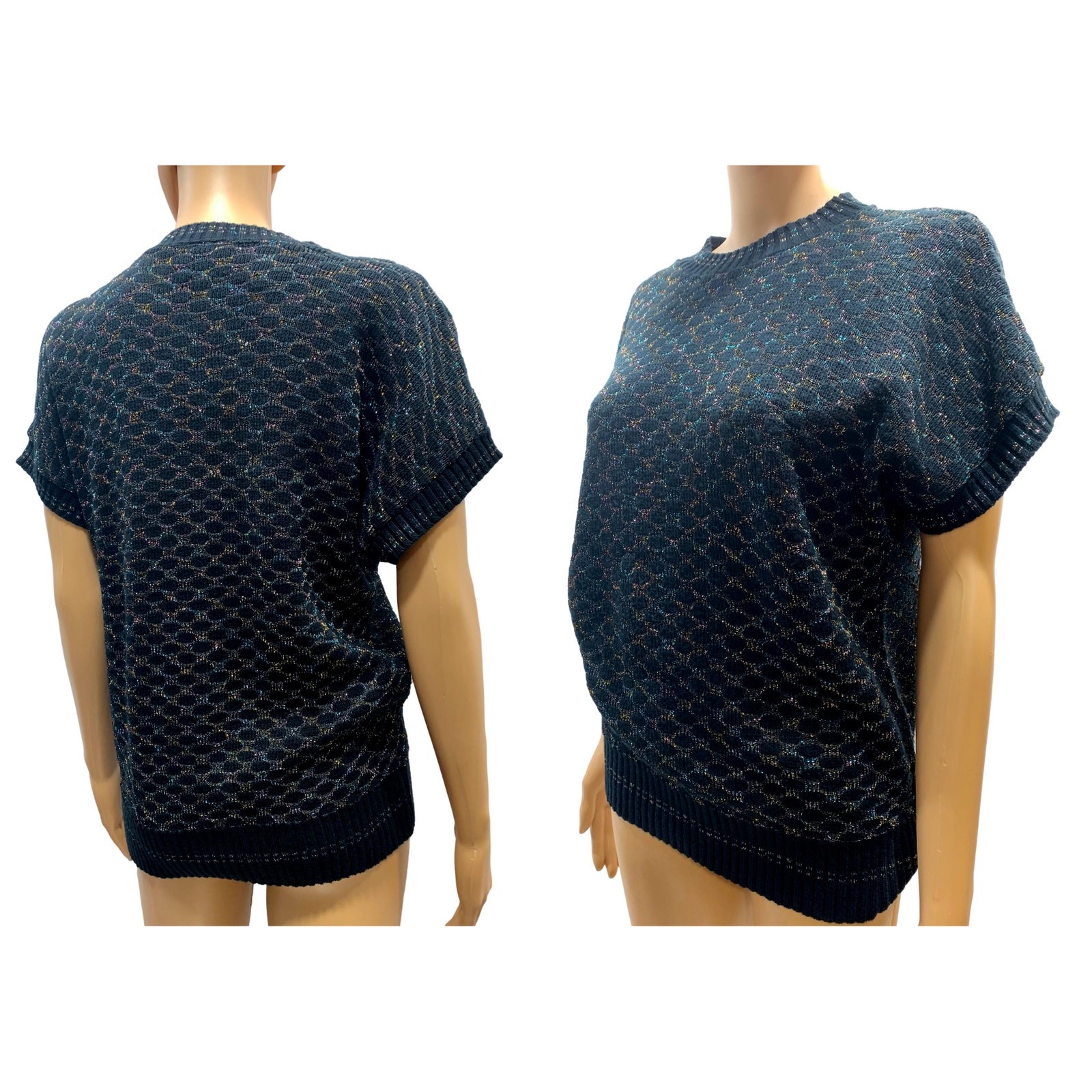 70s Kenneth Too Black Metallic Knit Sweater Top | Rainbow Lurex Vest XS/S