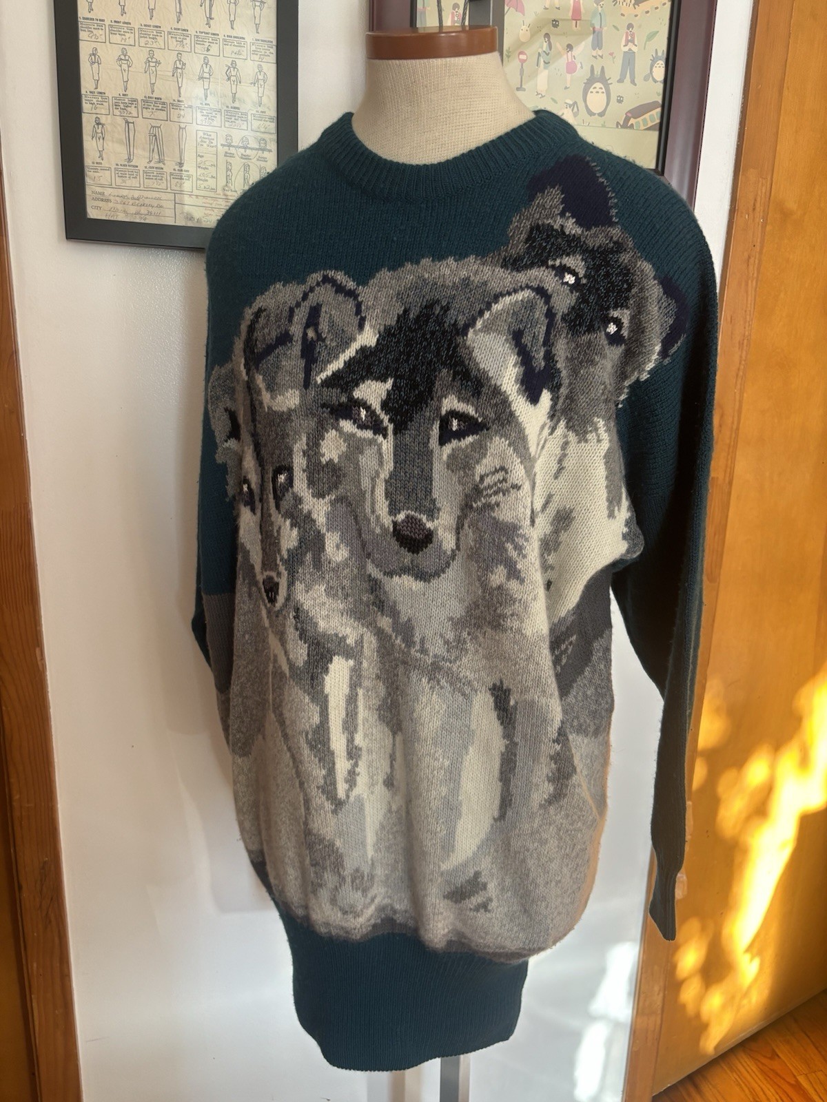 KRIZIA MAGLIA *VINTAGE: Indie Sleaze “Wolves” Sweater Dress *SZ. S (TEAL/GREY)