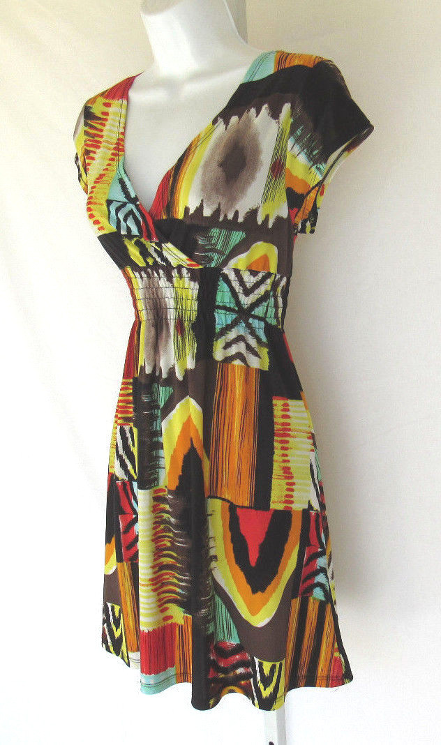 VINTAGE 1980s 90s MOD COLOR BLOCK SUN DRESS POLY SPANDEX