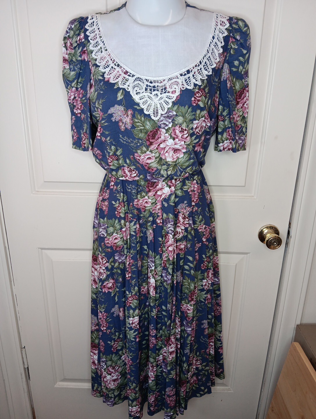 VTG 80s Dress Size 12 Floral Blue Blouson Midi Exaggerated Collar Cottage Core
