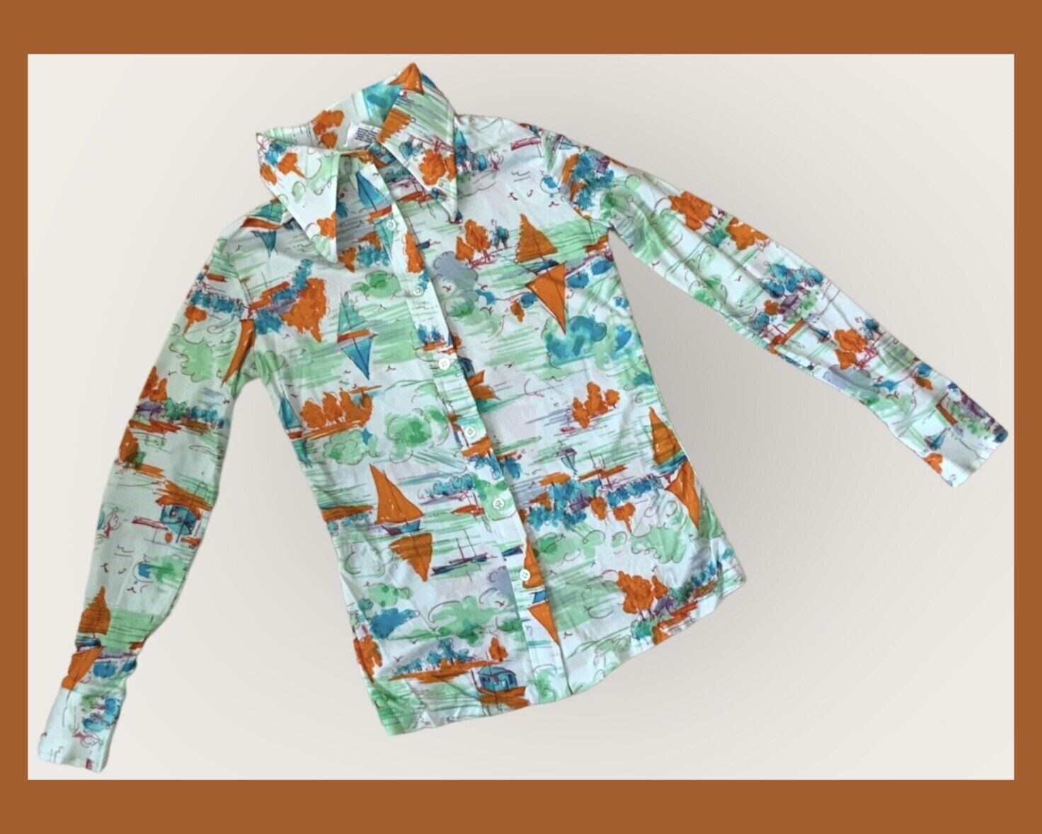 Vtg 1960-70s Nylon Long Sleeve Button Up Blouse W/Sailboats & Scenery – Small
