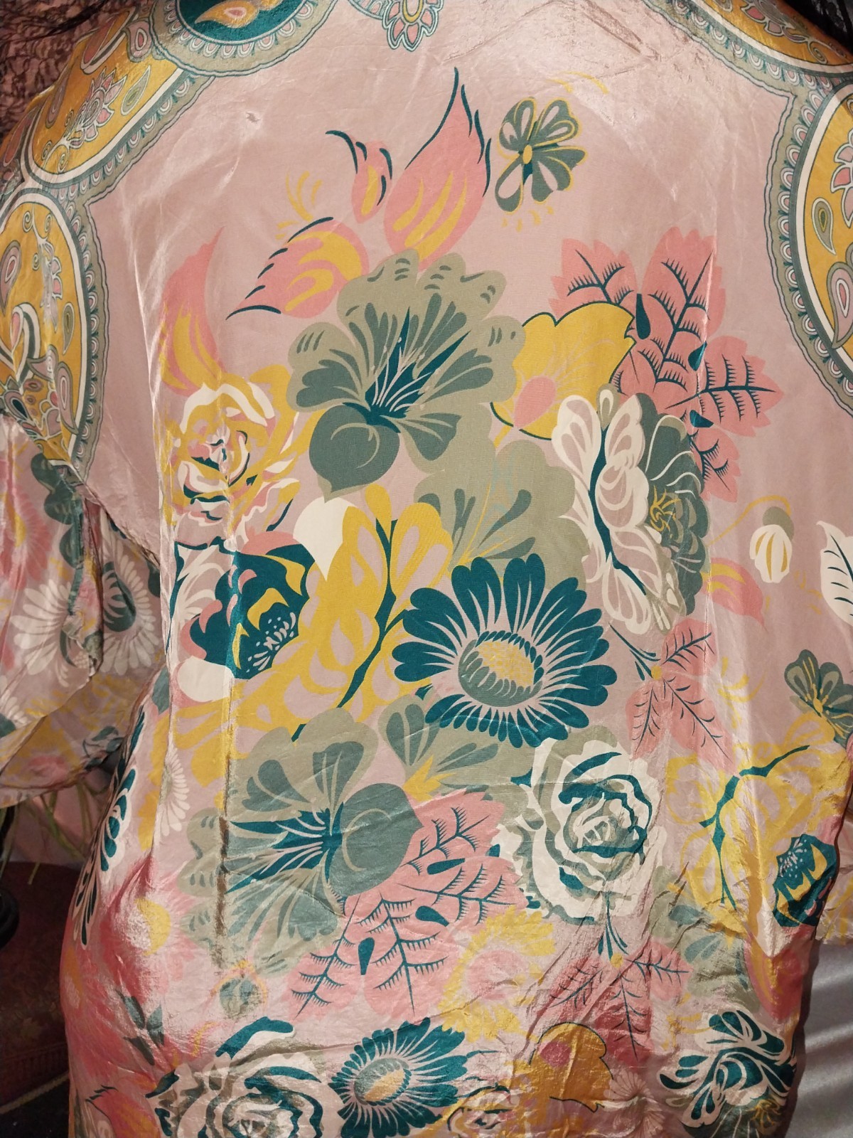VTG SATIN VISCOSE FLORAL BOHO IMPORT ROBE LINGERIE HIPPY 54″ osfm