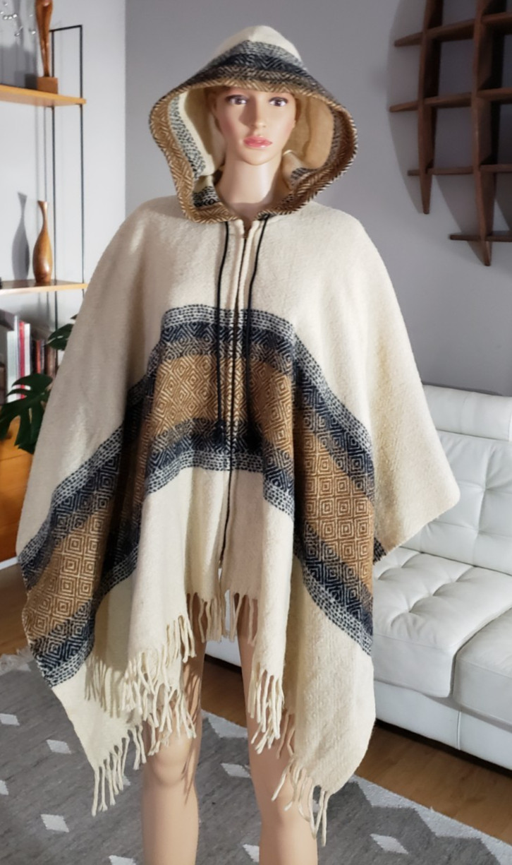 Vintage 60’s King of the Ponchos Country Place Wool Shawl Cape Hood Fringe