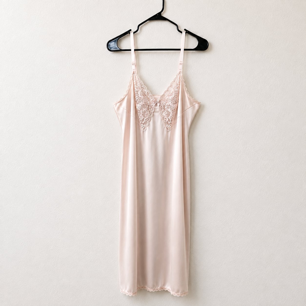 Vintage Shadowline Pale Pink Nylon Lace Trim Full Slip Chemise Dress
