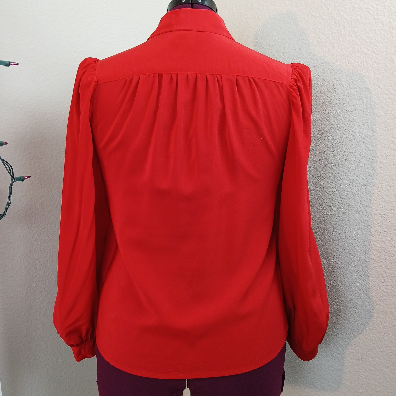 Mary McFadden Vintage 80s Red Silk Blouse 12 stains long sleeve collared buttons