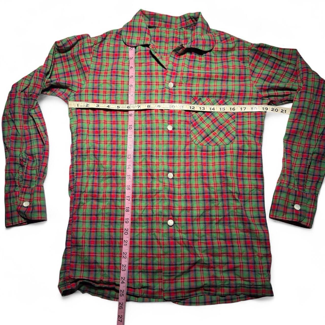 True Vintage 70s 60s Pearl Button Red Green Plaid Button-up Loop Collar Shirt M