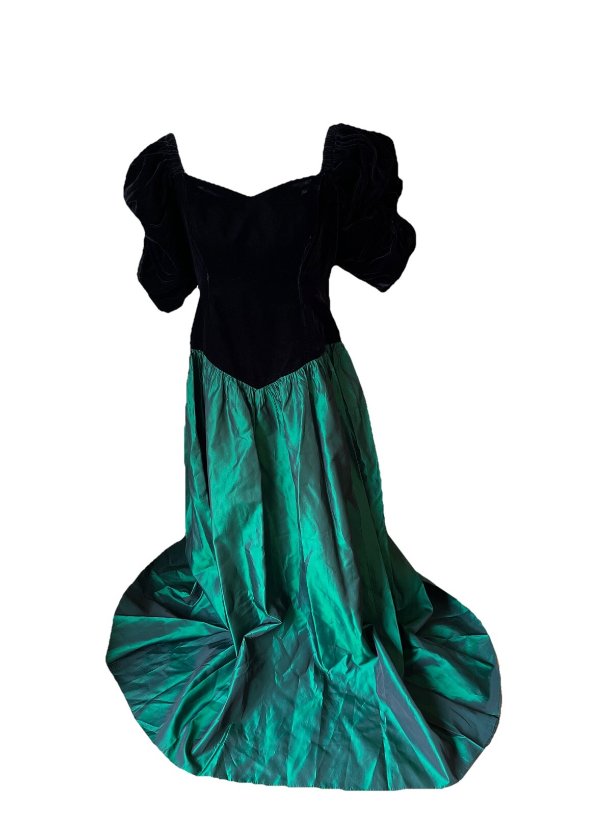 Vintage Loralie Dress Size 12 Velvet Green Drop Waist Puff Sleeve 80s