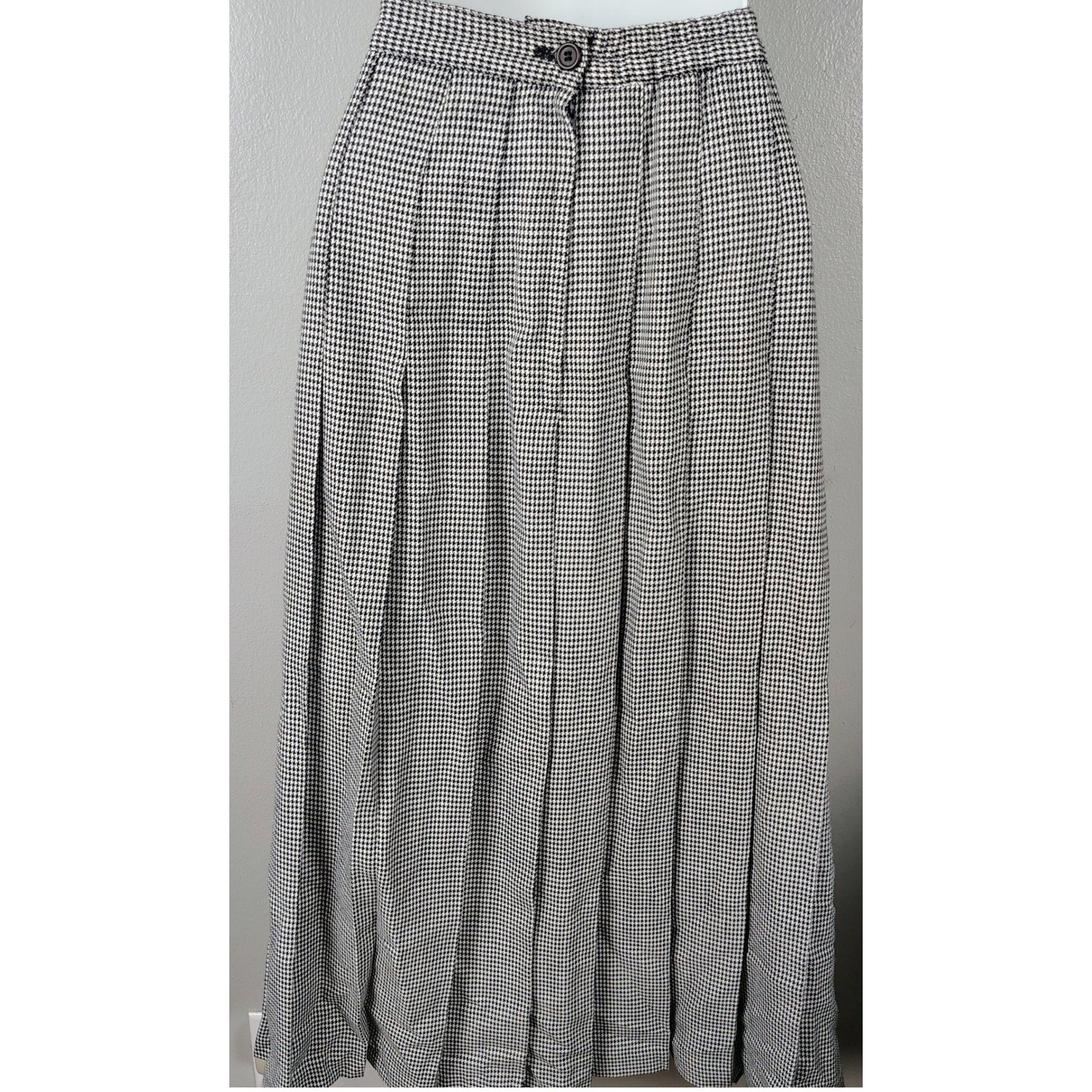 Vintage Black White Houndstooth Pleated Maxi Skirt High Waist Made USA 30 Waist