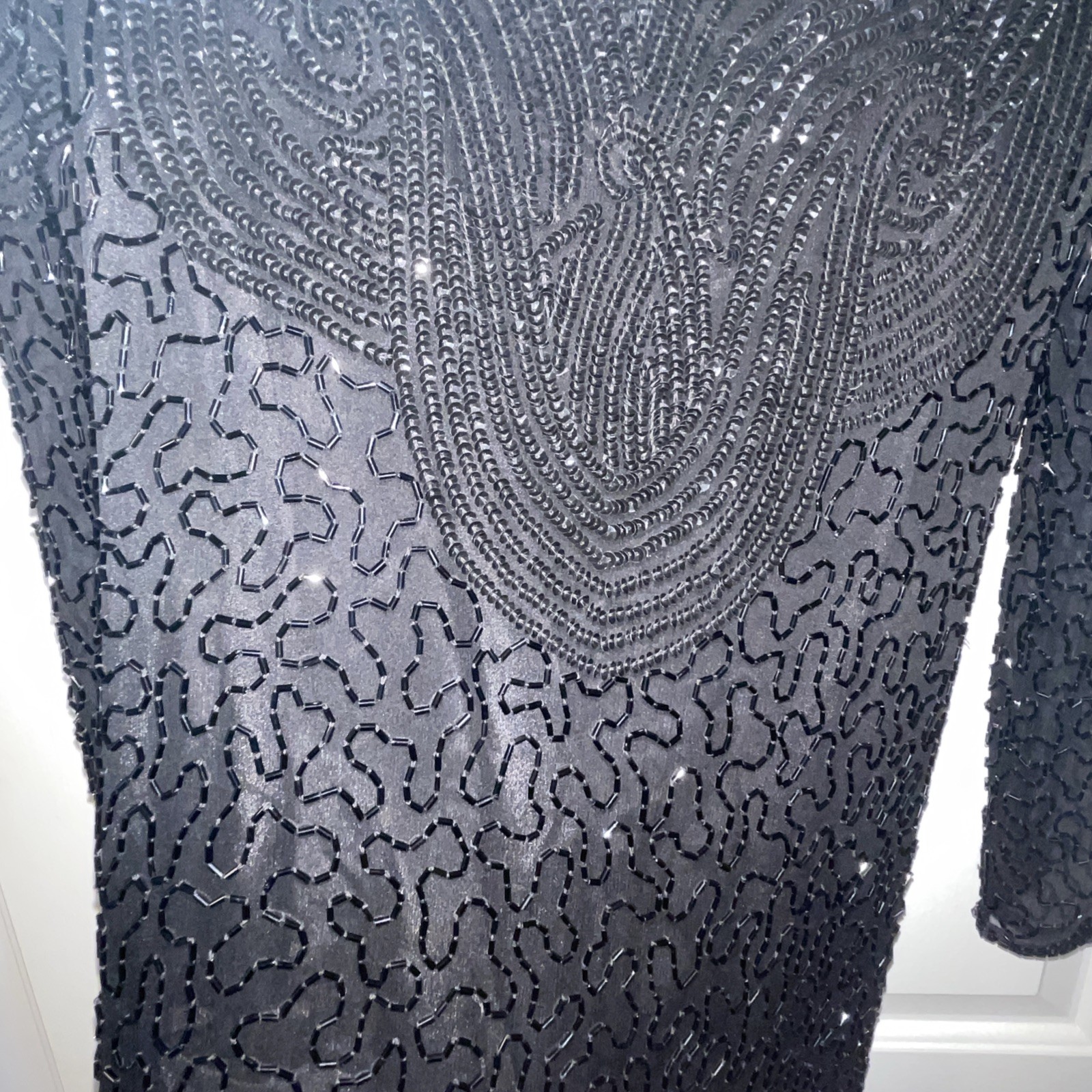 Vtg SWEELO Black 100% Silk Sequin Beaded Slim Fit Long Evening Party Dress Sz S