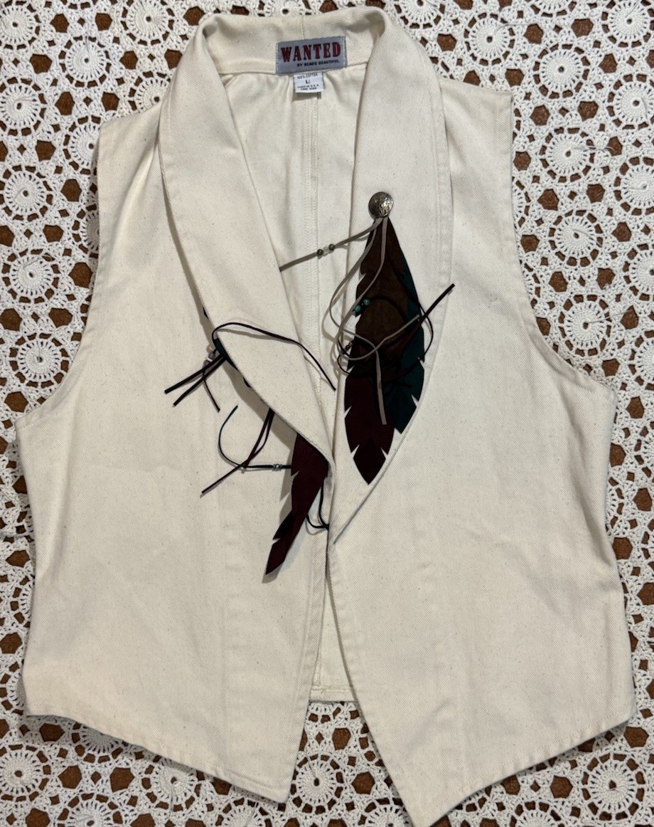 Vintage Wanted Western Boho vest adorned with feathers Cowgirl Festival L