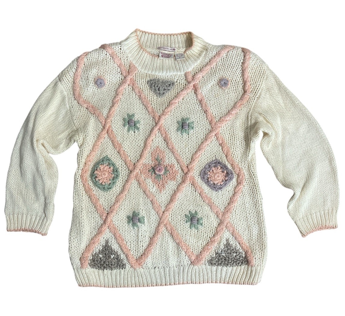 Vintage Huntington Ridge Sweater Womens L Cream Peach Flowers Granny Cottage Fai