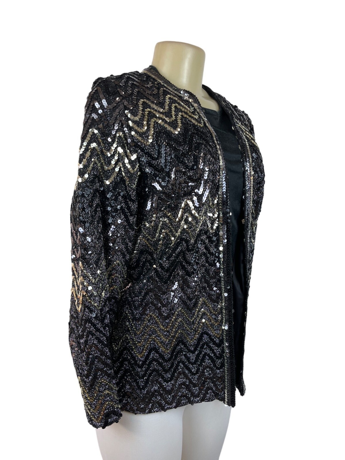 Vintage Montgomery Ward Sequin Chevron Pattern Jacket Black & Gold Zigzag Design
