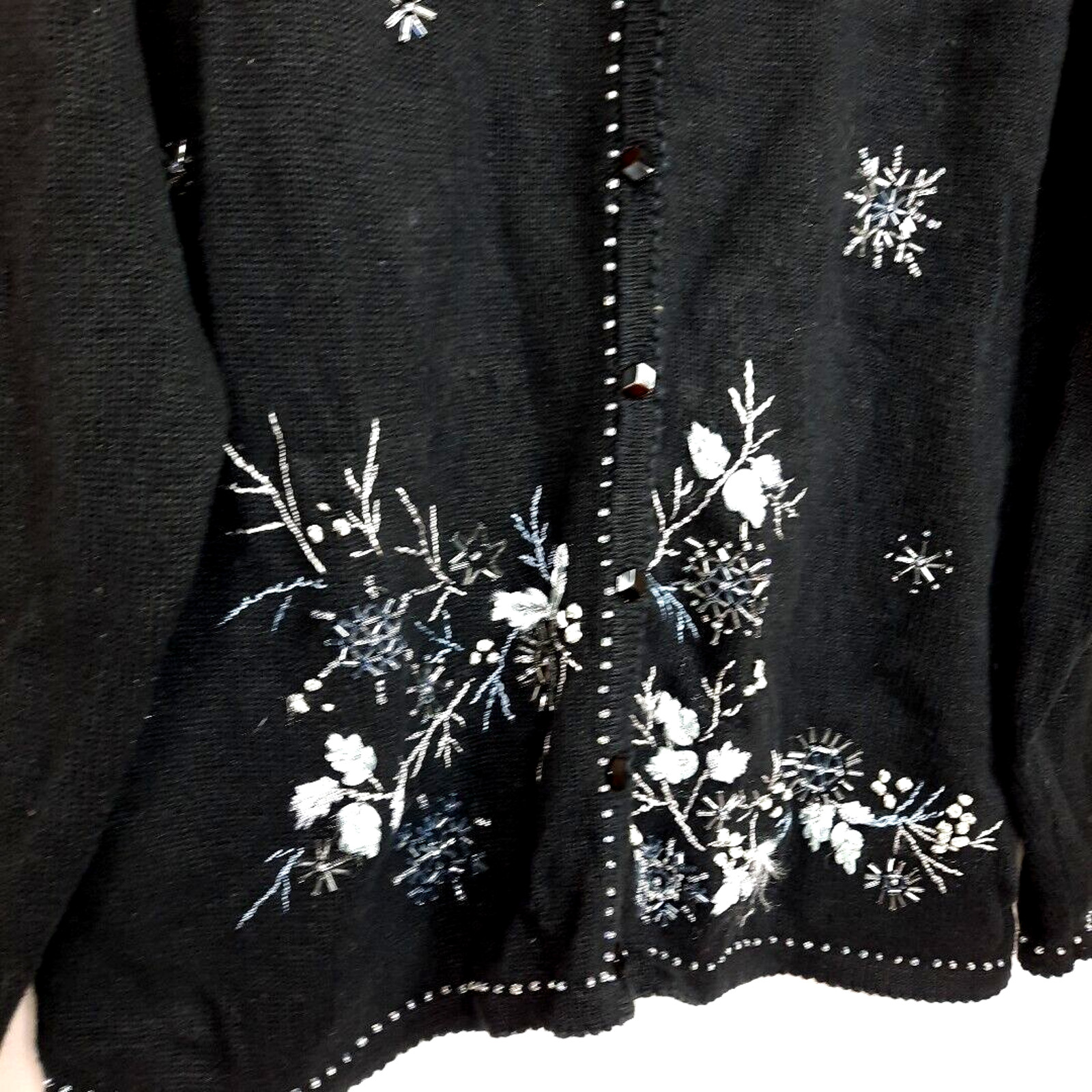 Stitches in Time Snowflake Beaded Embroidered Cardigan Sweater Large Black White