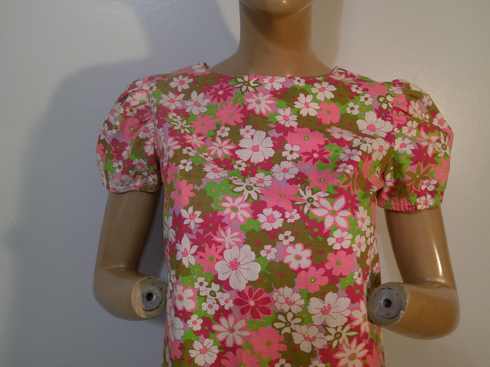 Vtg 60’s MOD GoGo Flower Power Cotton Puff Sleeve Twiggy Style Dress Homemade S
