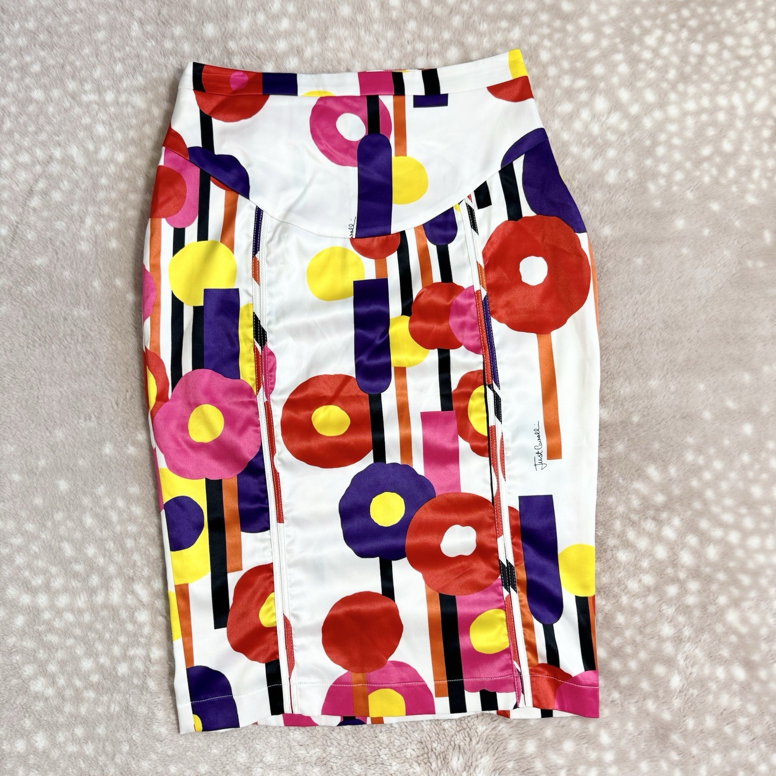 Vintage Y2K Roberto Cavalli Colorful Abstract Shape Silky Midi Skirt Medium Rare
