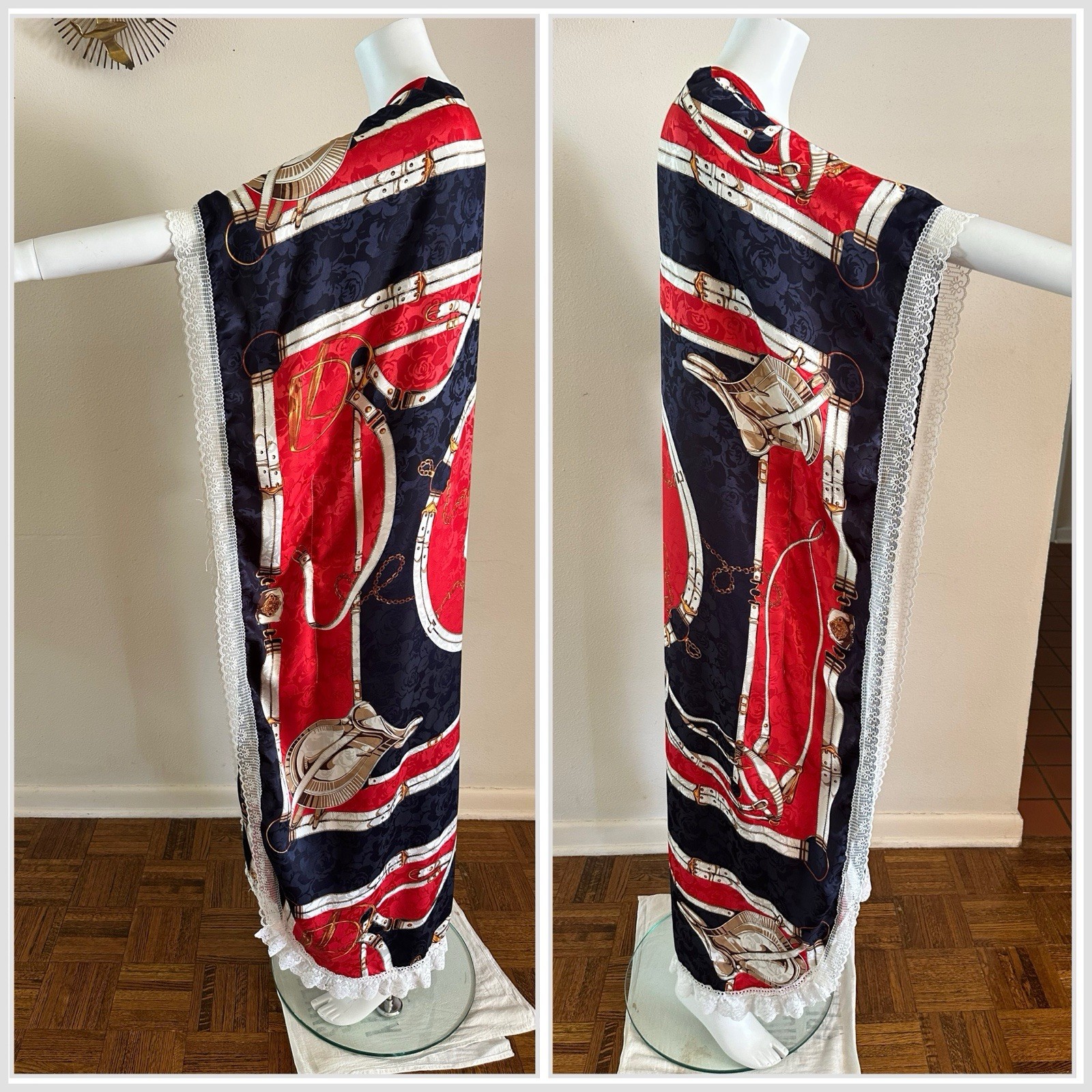 1970s Equestrian Scarf Print Caftan Dress Red Navy Gold Maxi Boho Resort Vintage