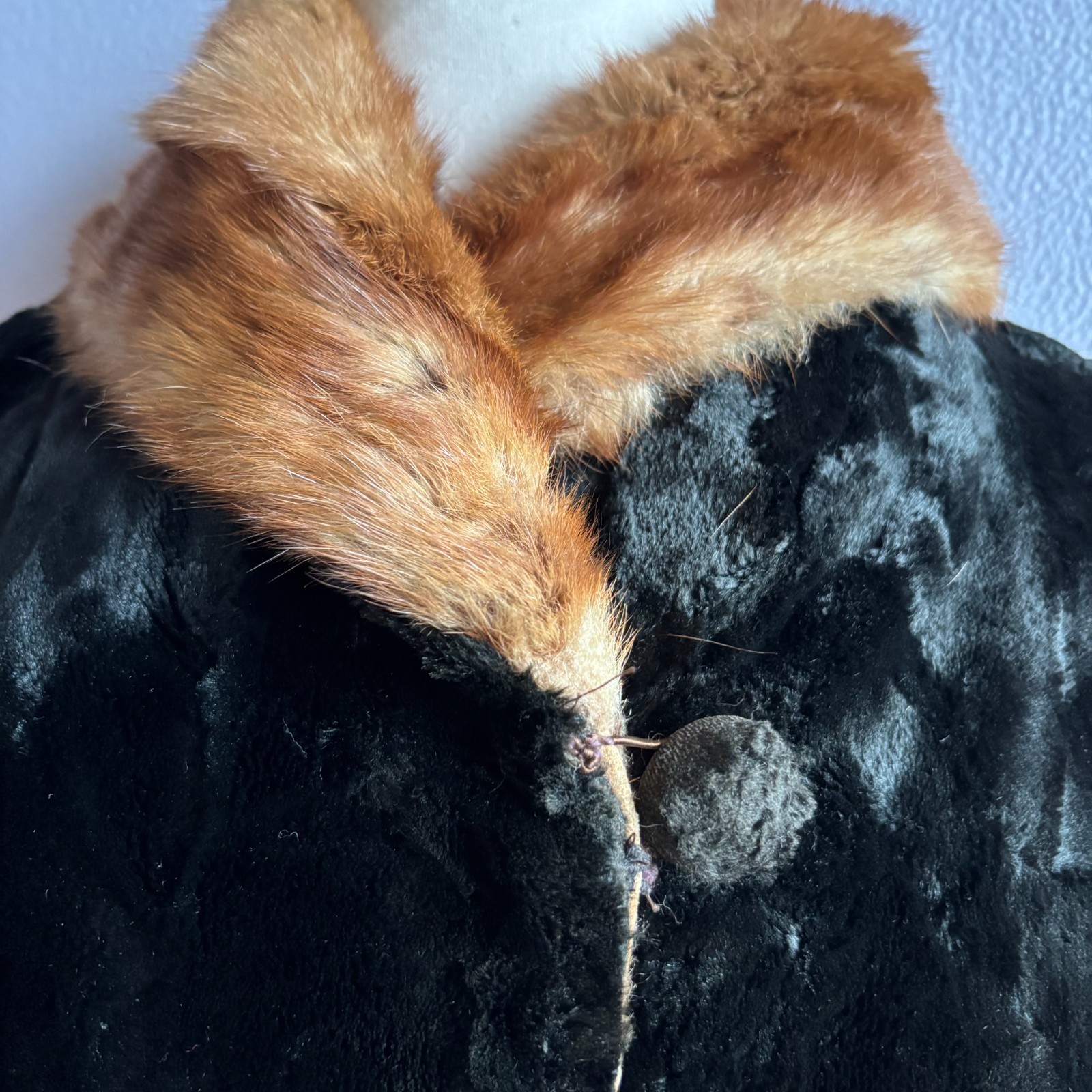 Vintage Antique 1920s Flapper Black Plush Plush Coat Brown Fur Collar