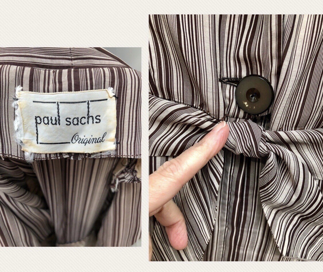 VTG 1950s PAUL SACHS ORIGINAL Rayon STRIPED WIGGLE DRESS w/TAIL at Back *SMOKIN