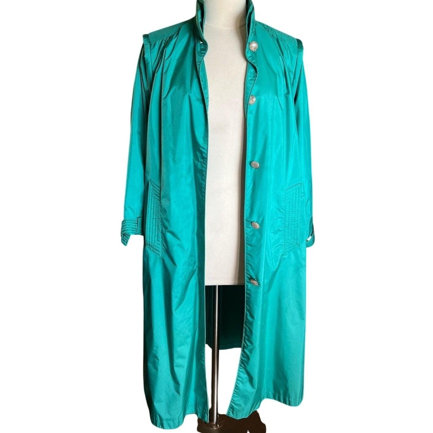 Vintage Fleet Street Teal Trench Coat Retro Chic Pleated 80s Slicker Sz 10