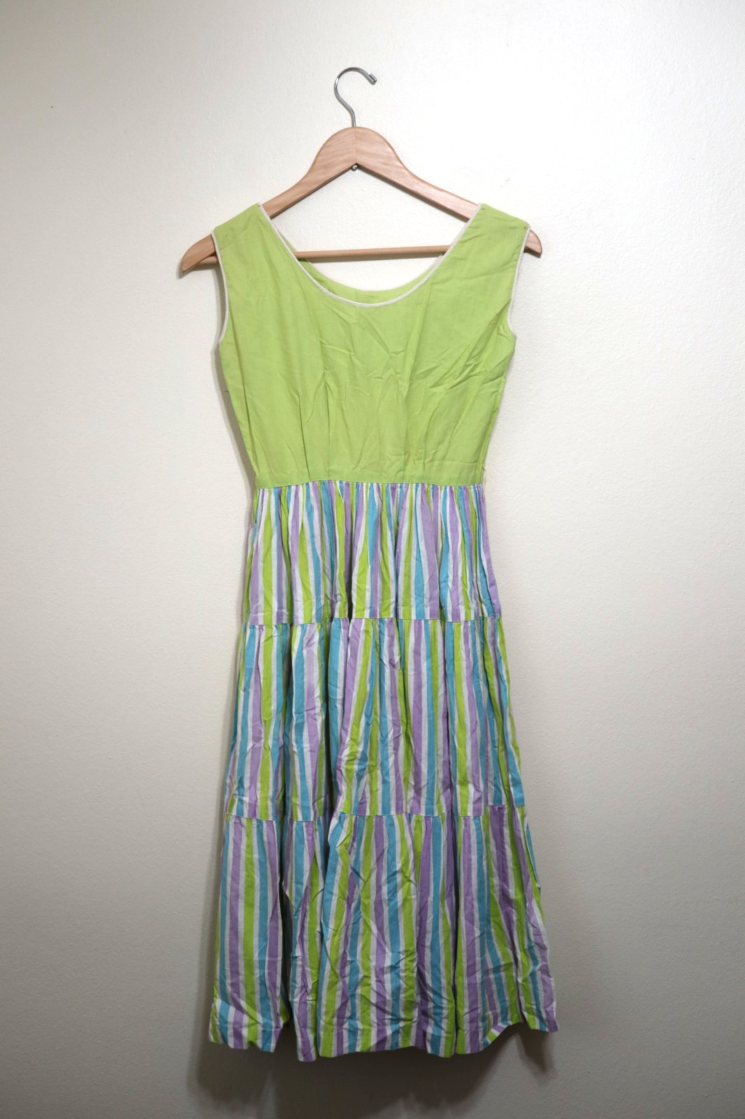 50s Abby Kent Chartreuse Stripe Sleeveless Tiers Full Skirt Day Dress Women XS 0