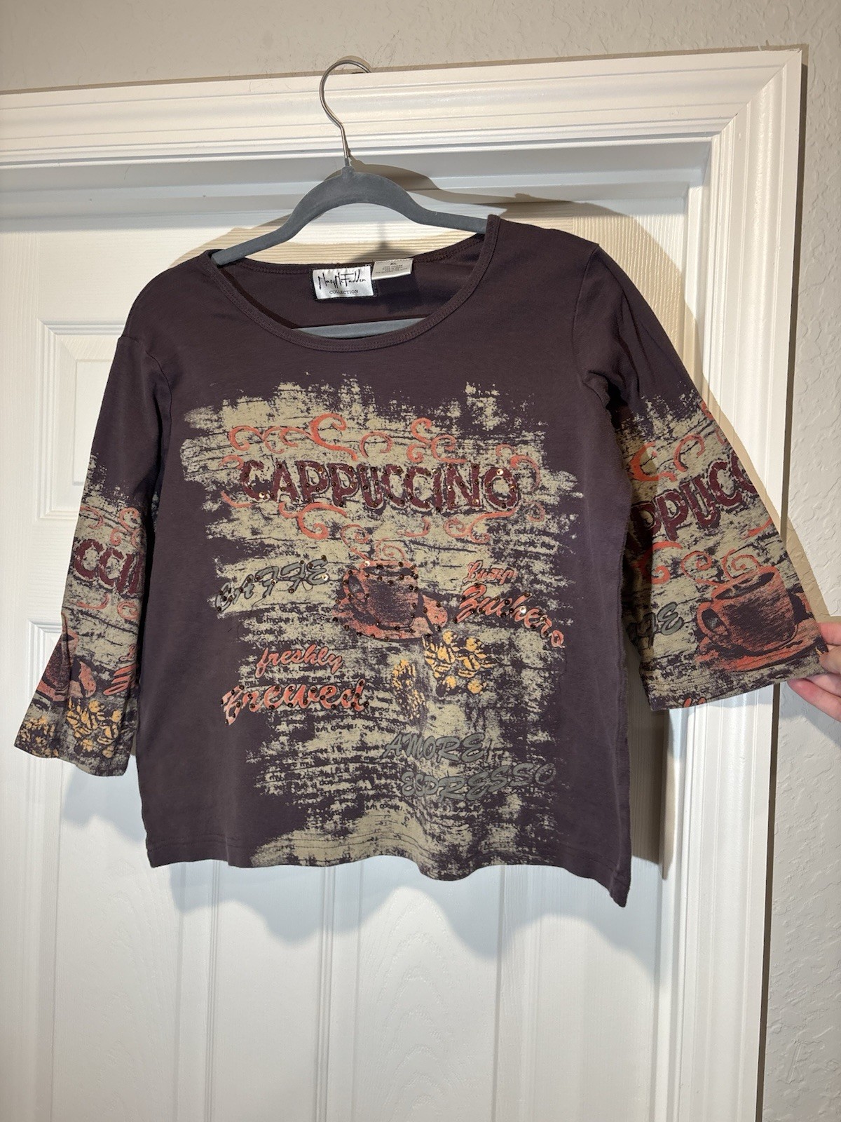 Y2K Vintage Marry Mcfadden Shirt XL Brown Sequin Cappuccino Grunge Cafe (flaws)