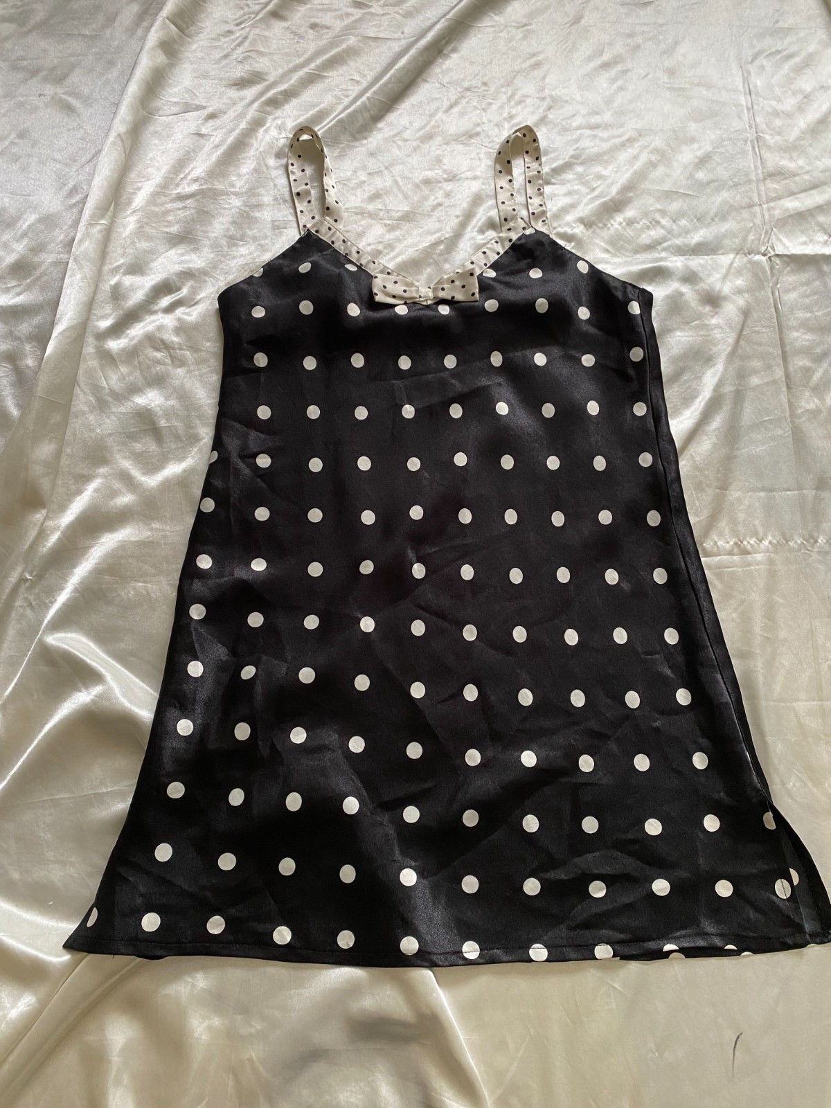 Vintage 1990s Black White Polka Dot Satin Half Slip Coquette Pin Up Small