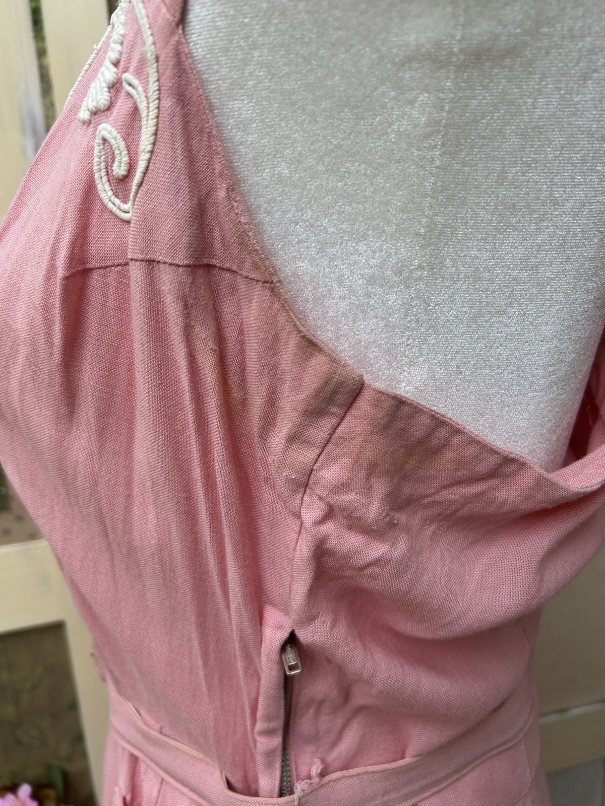 Vtg 1940s Pink Pinafore Dress Rayon Linen Novelty Soutache Pockets Metal Zip 32W
