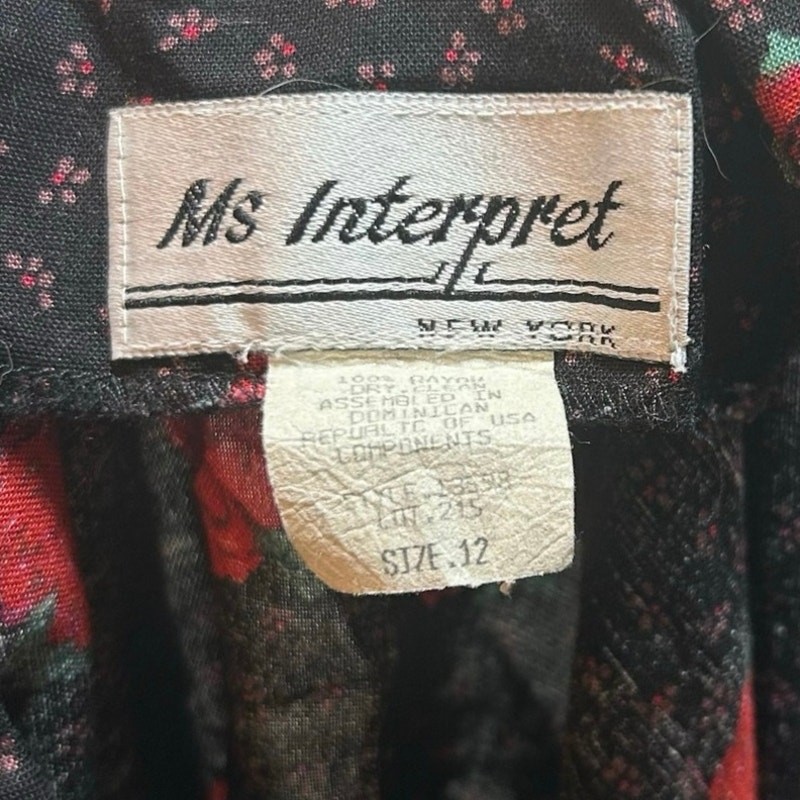 VTG Ms Interpret Black Red Rose Polka Dot Rayon Blouse 12 Whimsygoth Grunge Goth