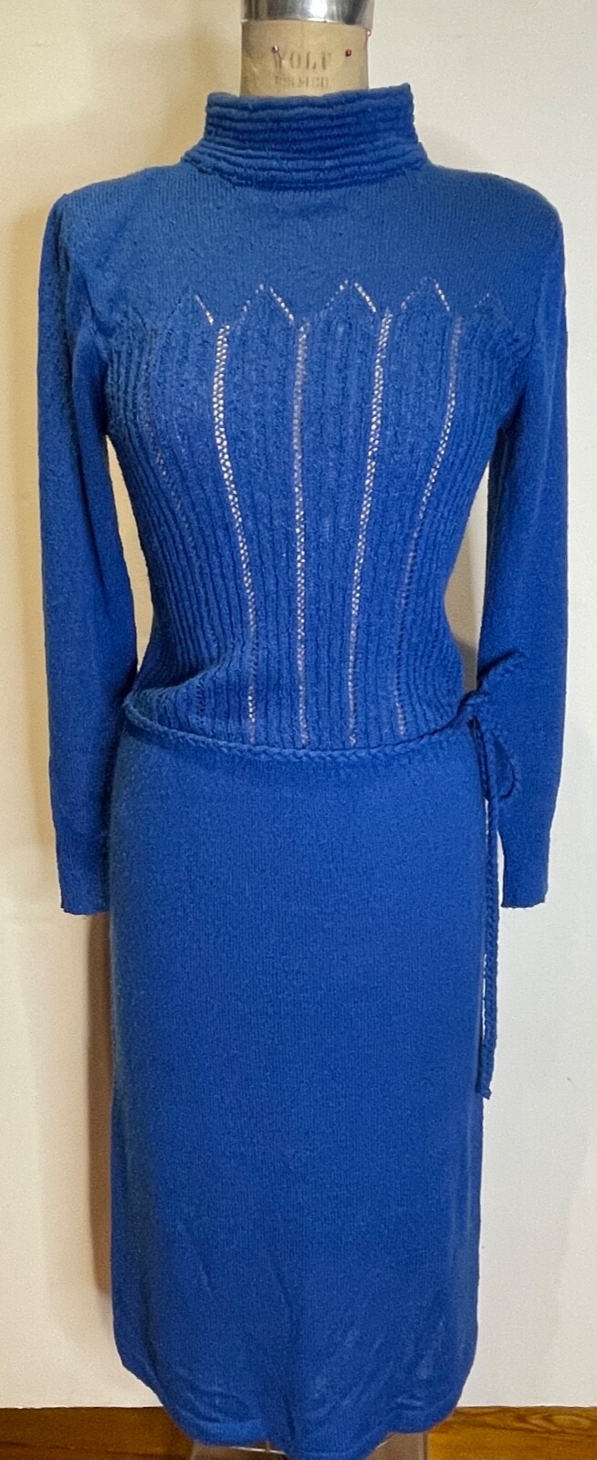 VTG 70’S-80’S MS II PETITES BLUE TEXTURED CROCHET KNIT BELT SWEATER DRESS*XS/S