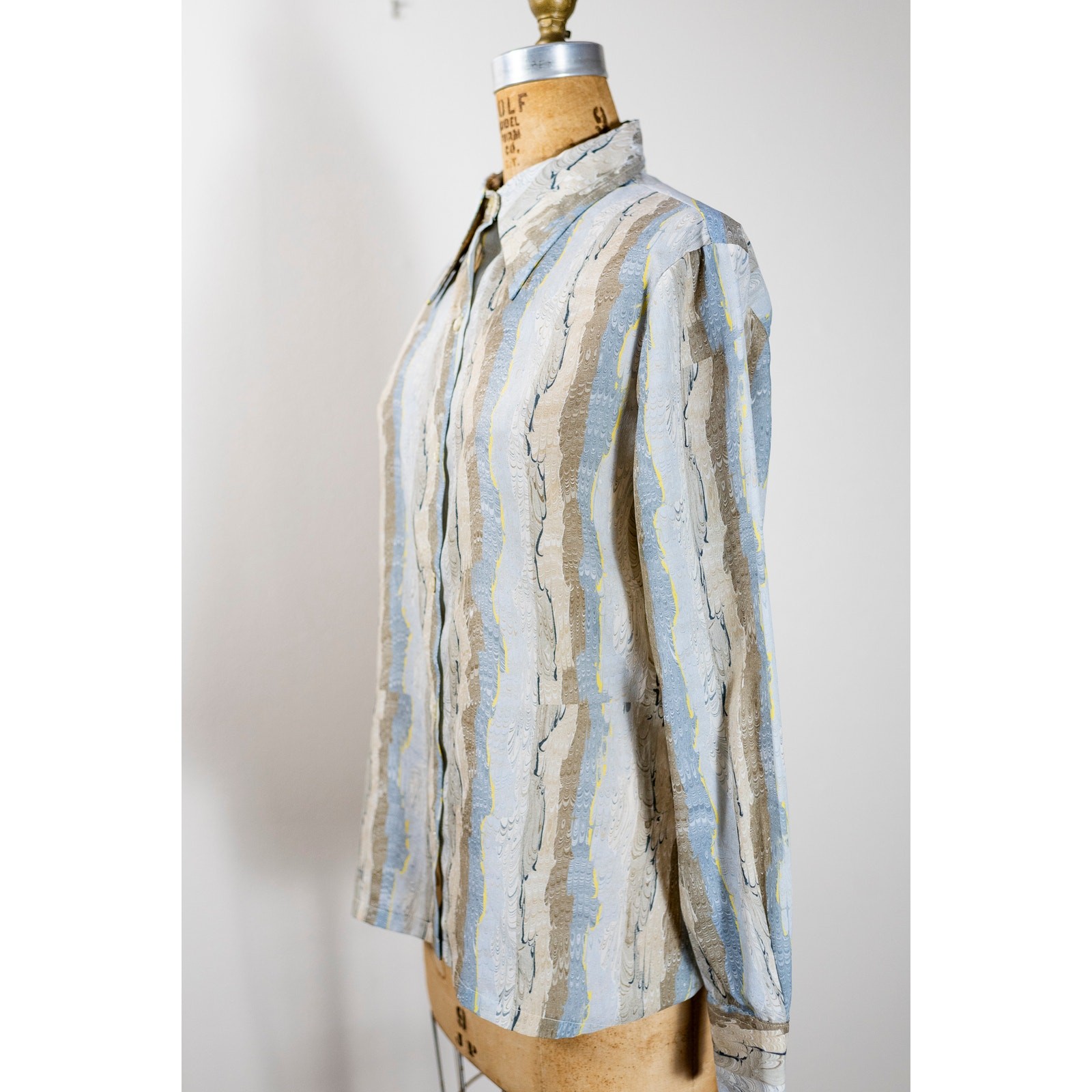 Vintage 70s Blouse, Dagger Collar, Hippie Abstract Neutral Watercolor Shirt, Med