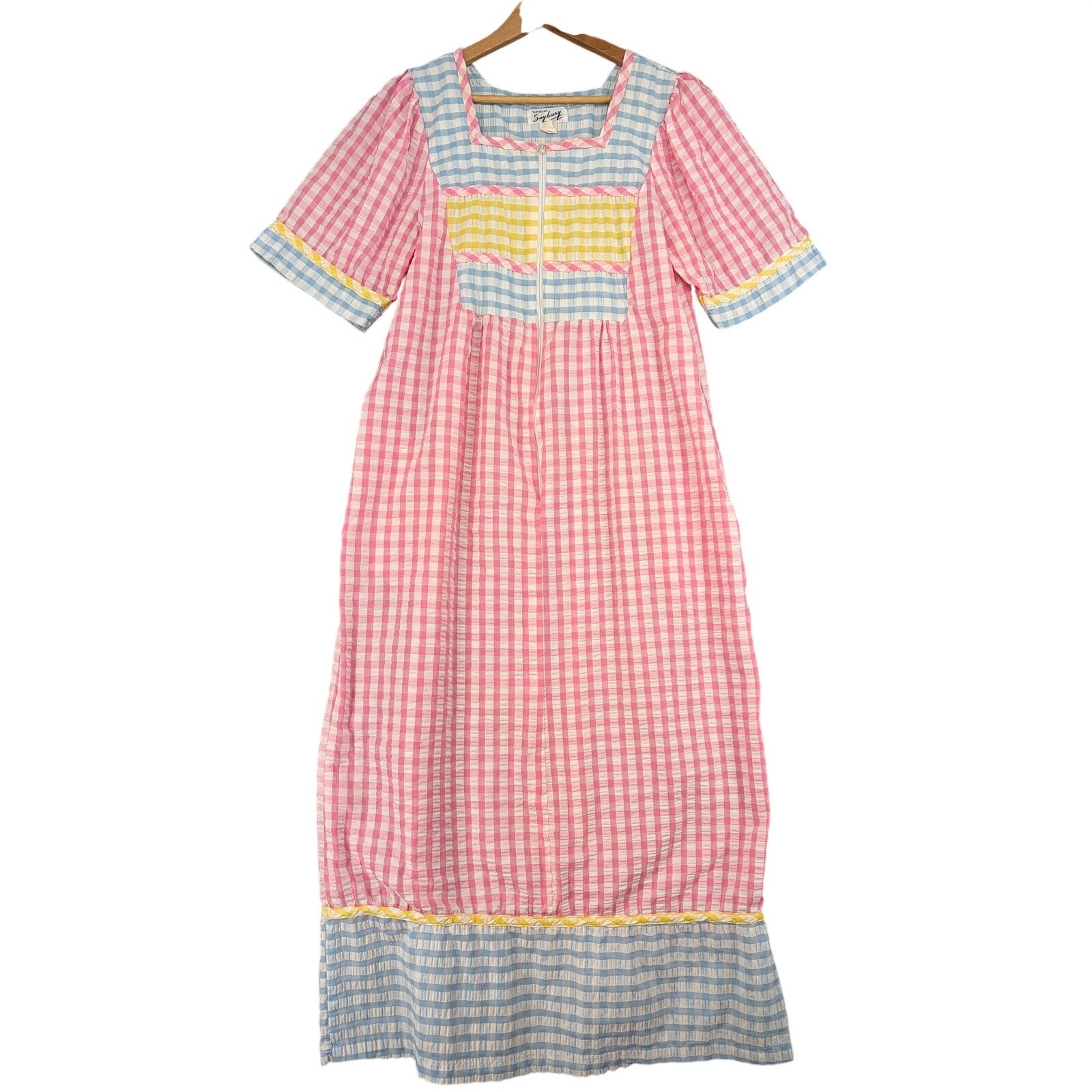 Vintage Styled by Saybury Gingham Seersucker Caftan Small Maxi Dress Pink Blue