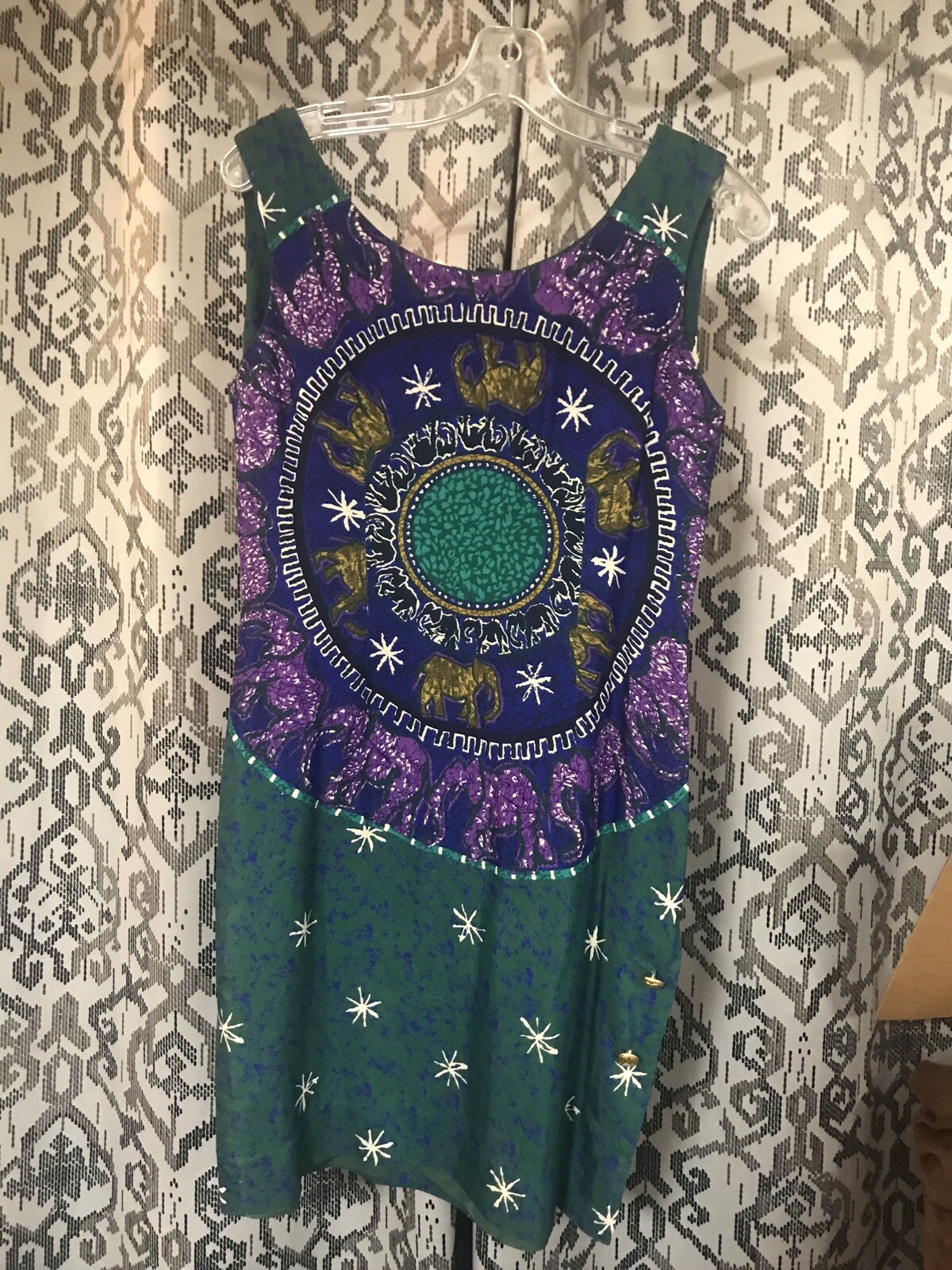 Vtg Women’s Size 6 Petite Sheath Dress Elephant Blue Green Purple Rayon Lined