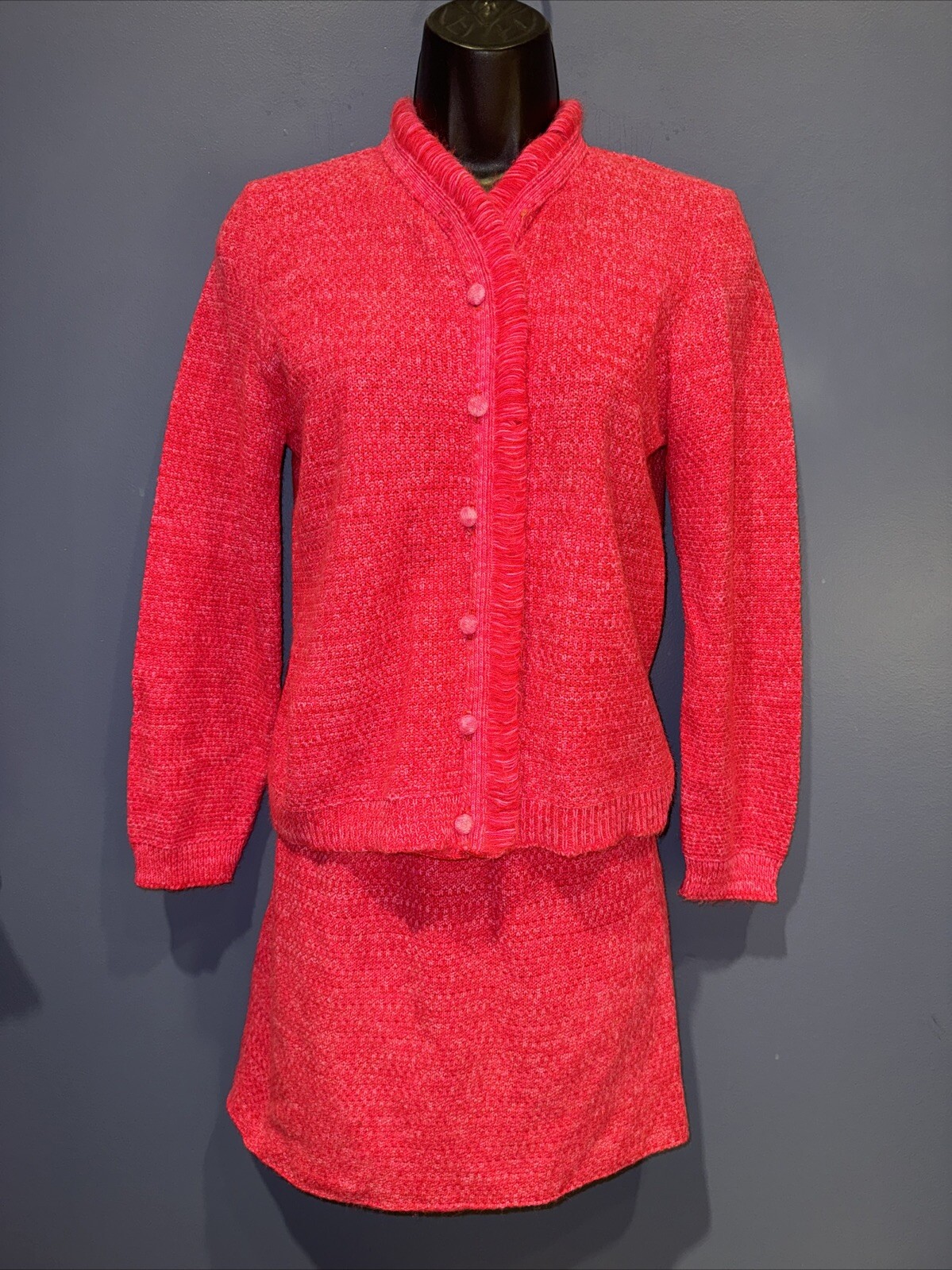 XS Wool Skirt Outfit, 1950 Penny Wright Hot Pink Cardigan Skirt Set