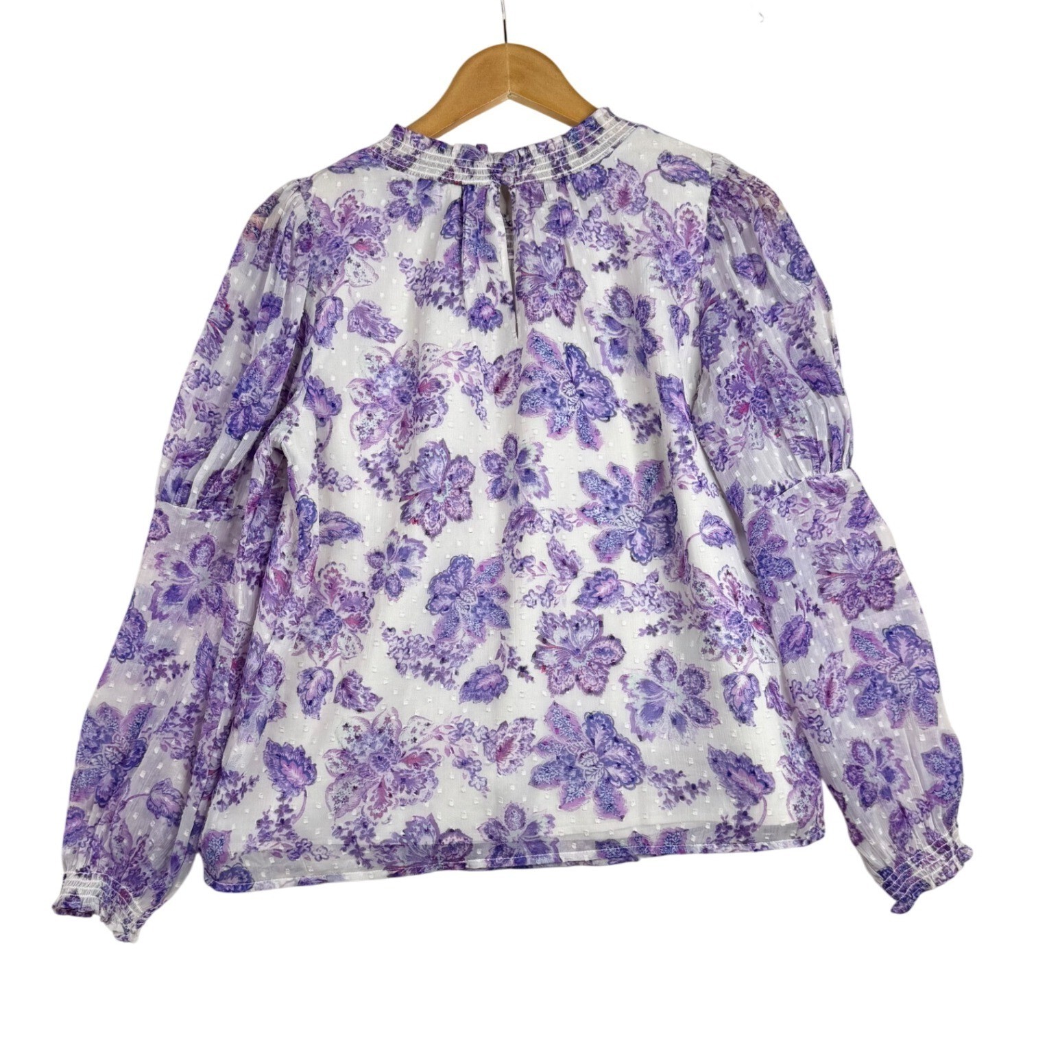 Loft Floral Clip Puff Long Sleeve Blouse size Small White/Purple