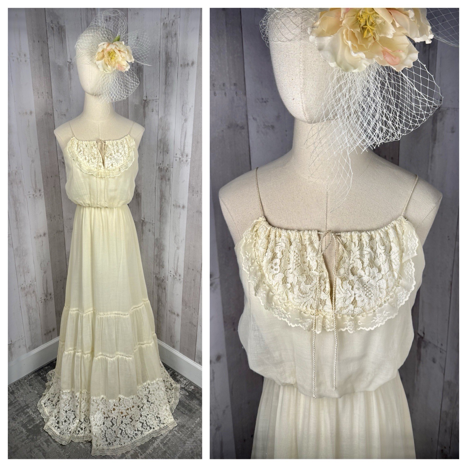 Vintage 1970s Roberta Ivory Cotton Gauze Prairie Dress Cottagecore Wedding Sml