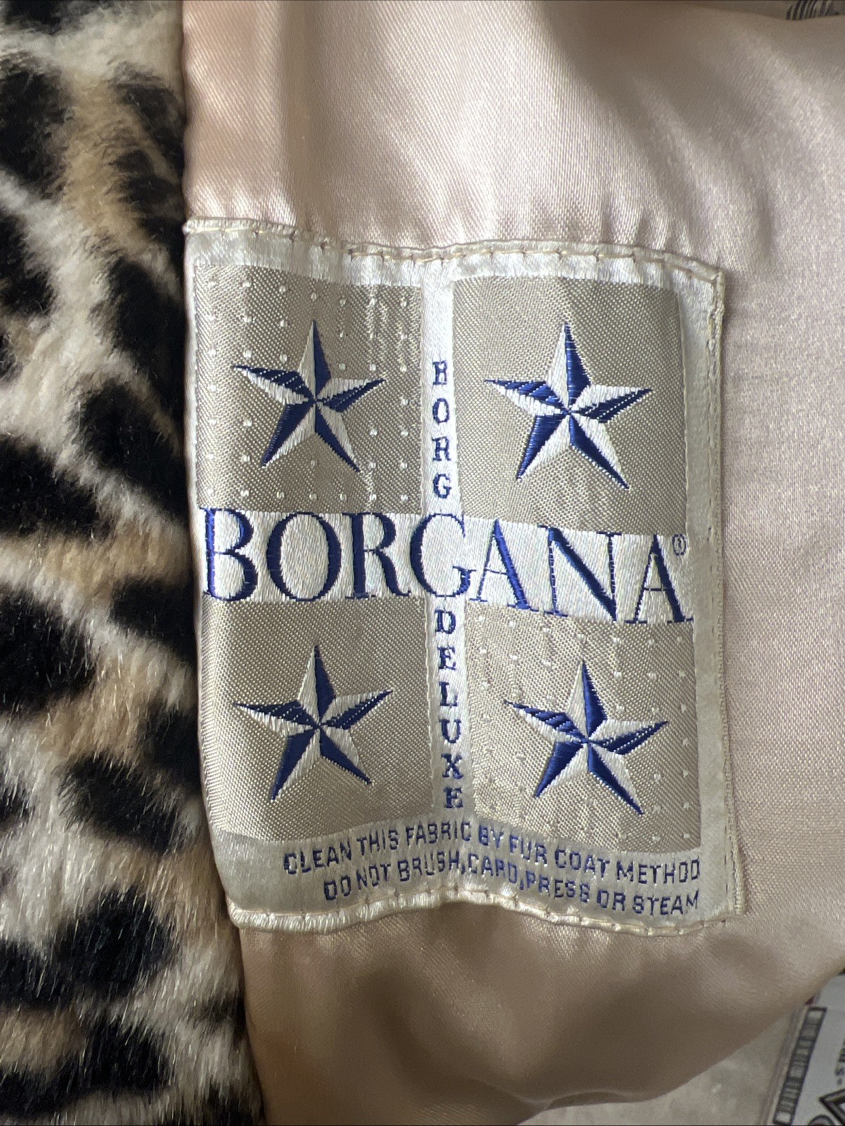Vintage Borgana Deluxe Faux Fur Coat Black Leopard Print Collar Cuffs Mid Length