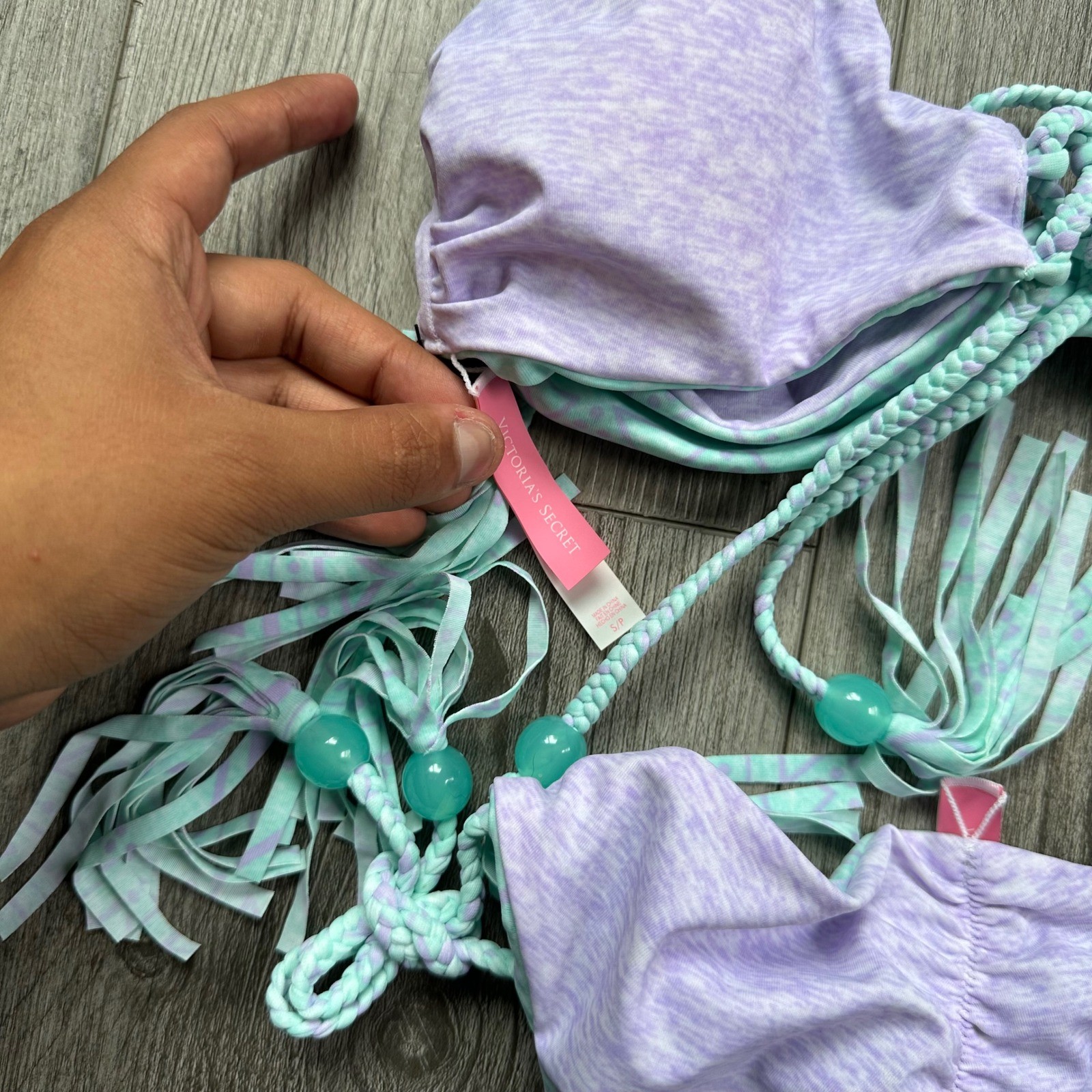 NWT VS Reversible Bikini Set Purple Mint Fringe Beads Top S Bottom XS