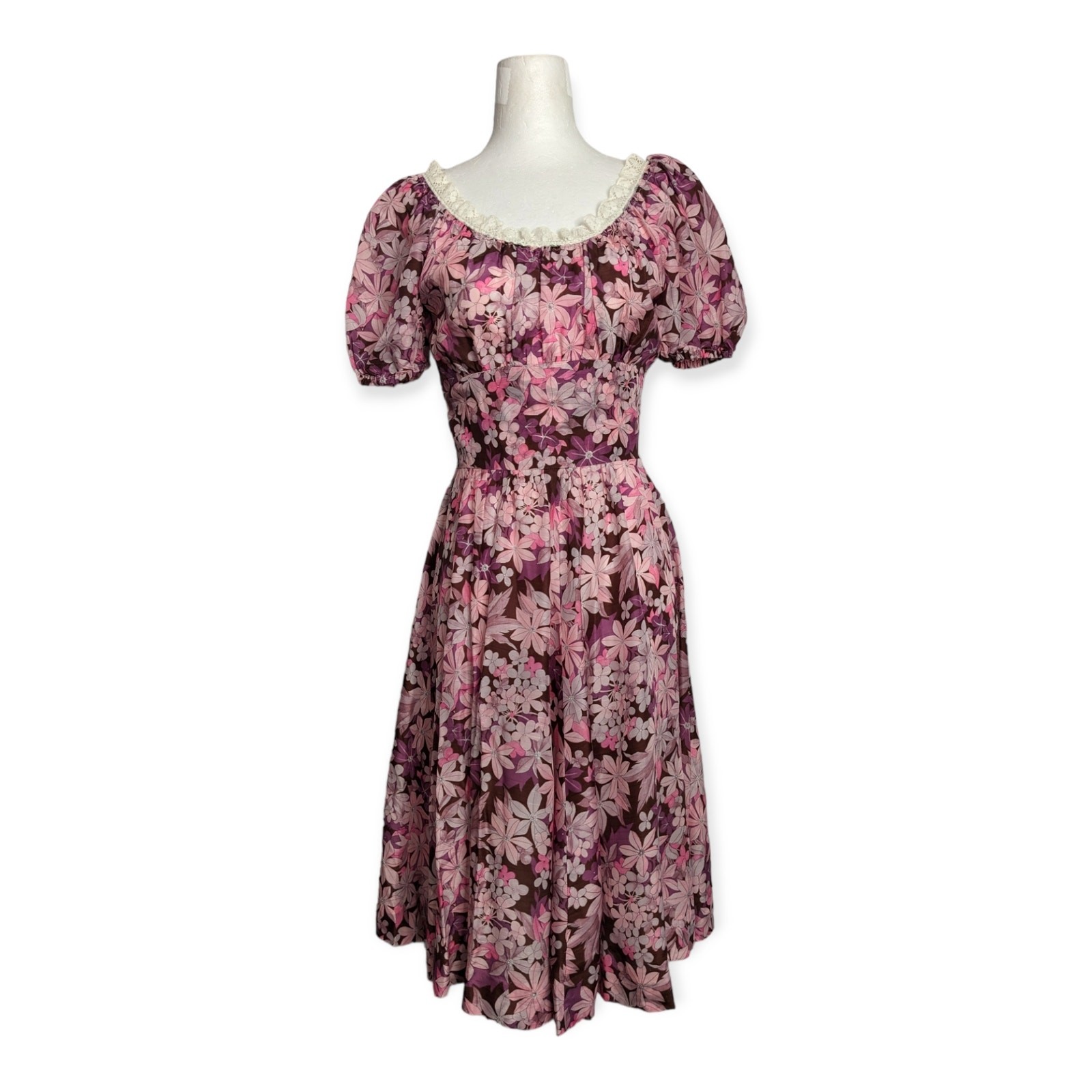 Midcentury 50s 60s Orchid Plum Purple Tropical Silk Scoop Neck Patio Dress XS