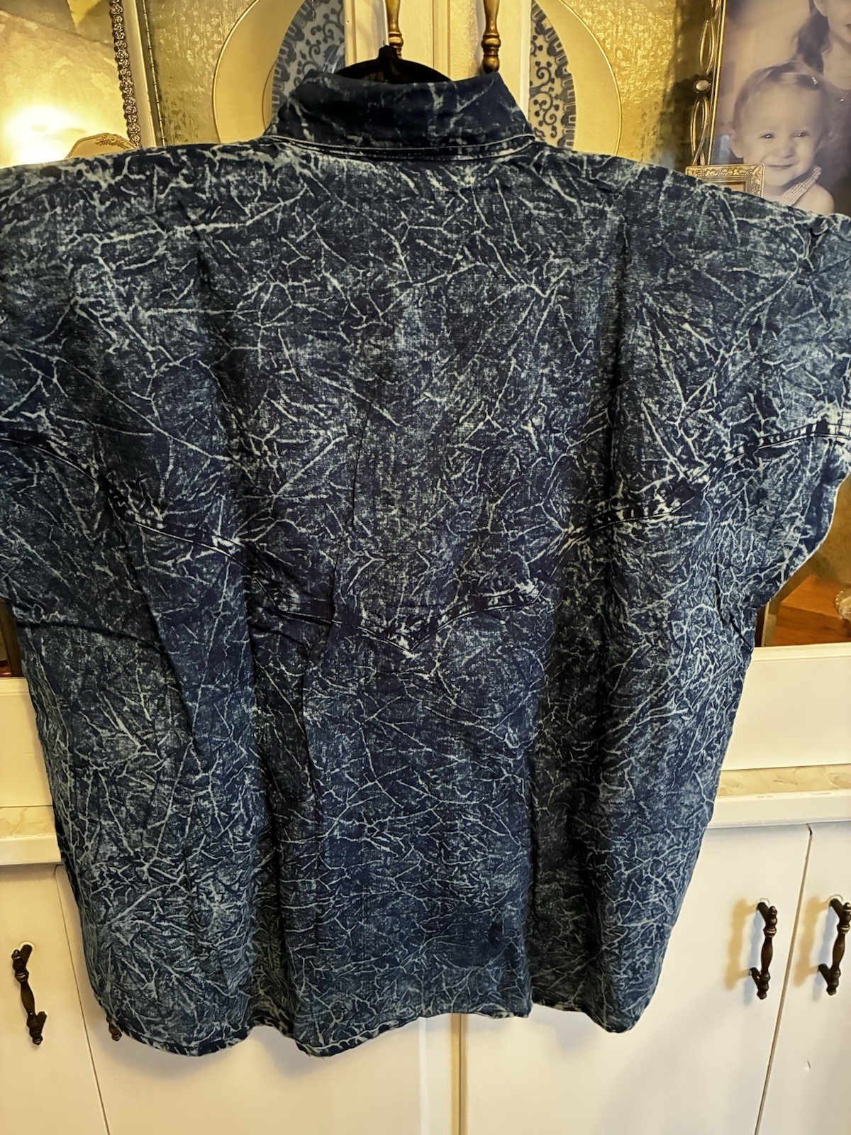 80s 90s Blu Sapphire Acid Wash Bedazzled Short Sleeve Jean Shirt Shoulder Pads M