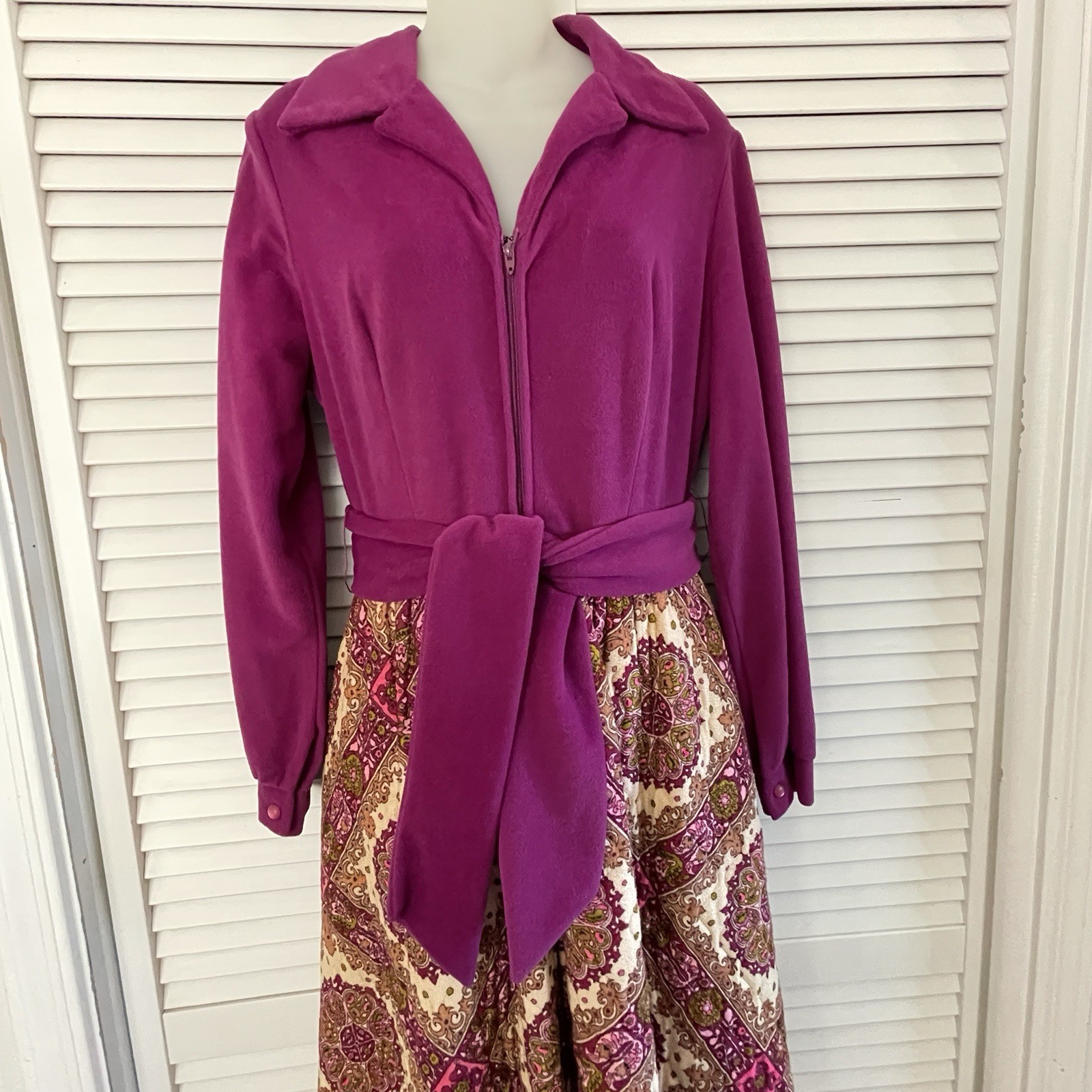 70s Maxi Dress Quilted Lounging Evelyn Pearson Fuchsia Velour L.Sleeve Sz 8 VTG