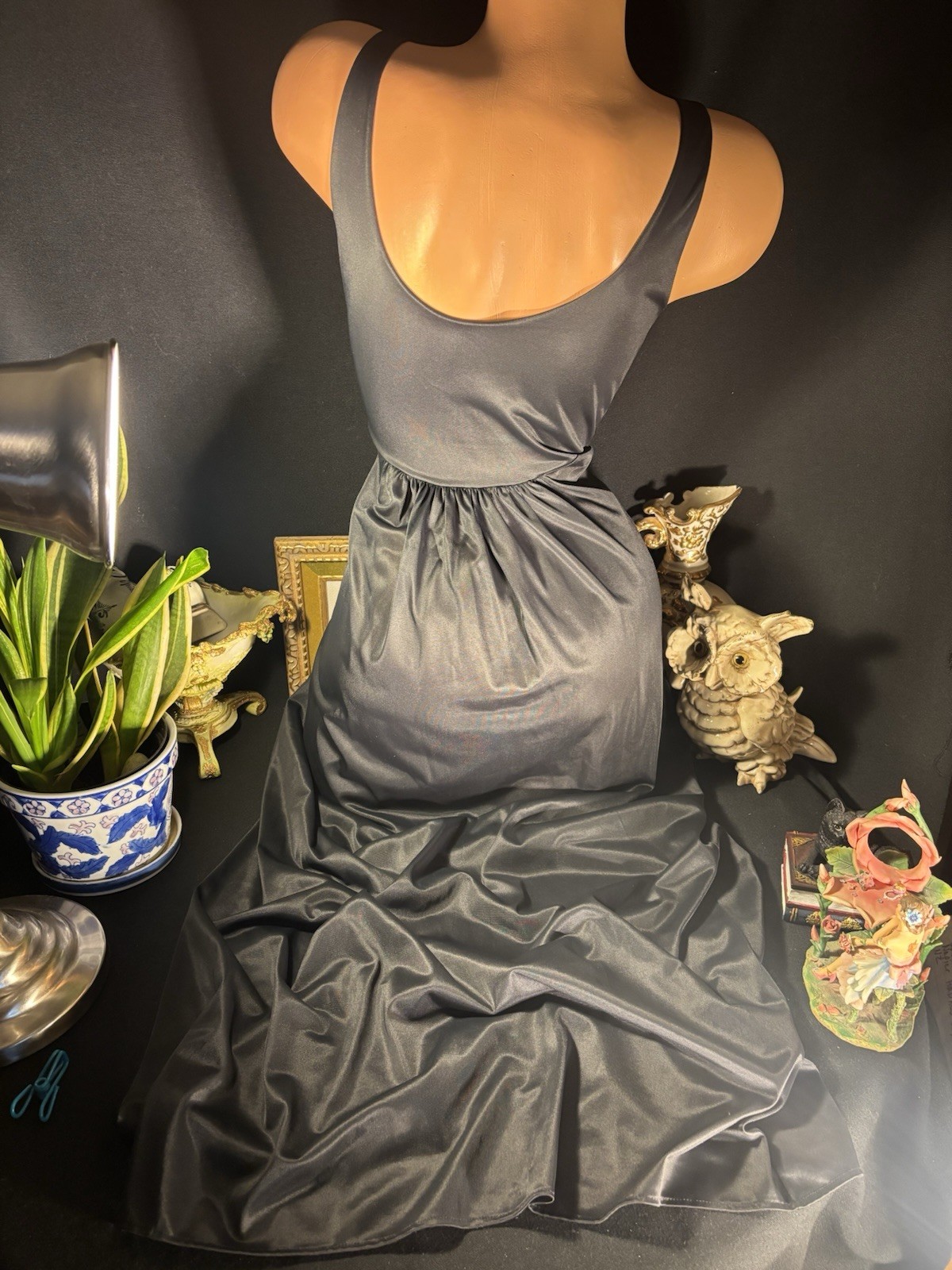 Vtg Silky Jet Black Wrap Bodice Frosted Shiny Long Gown Negligee Nightgown S