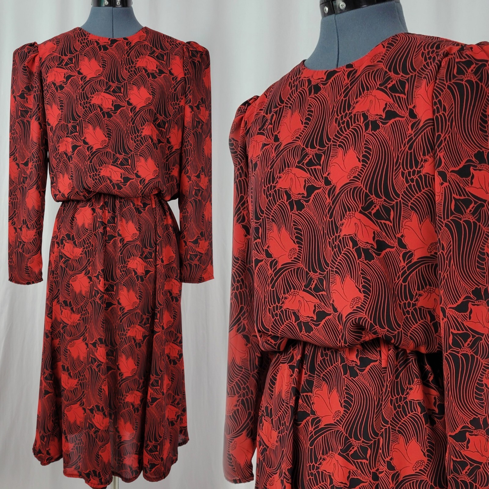 Vintage Items Black & Red Art Deco Floral Blouson Secretary Dress Size 8