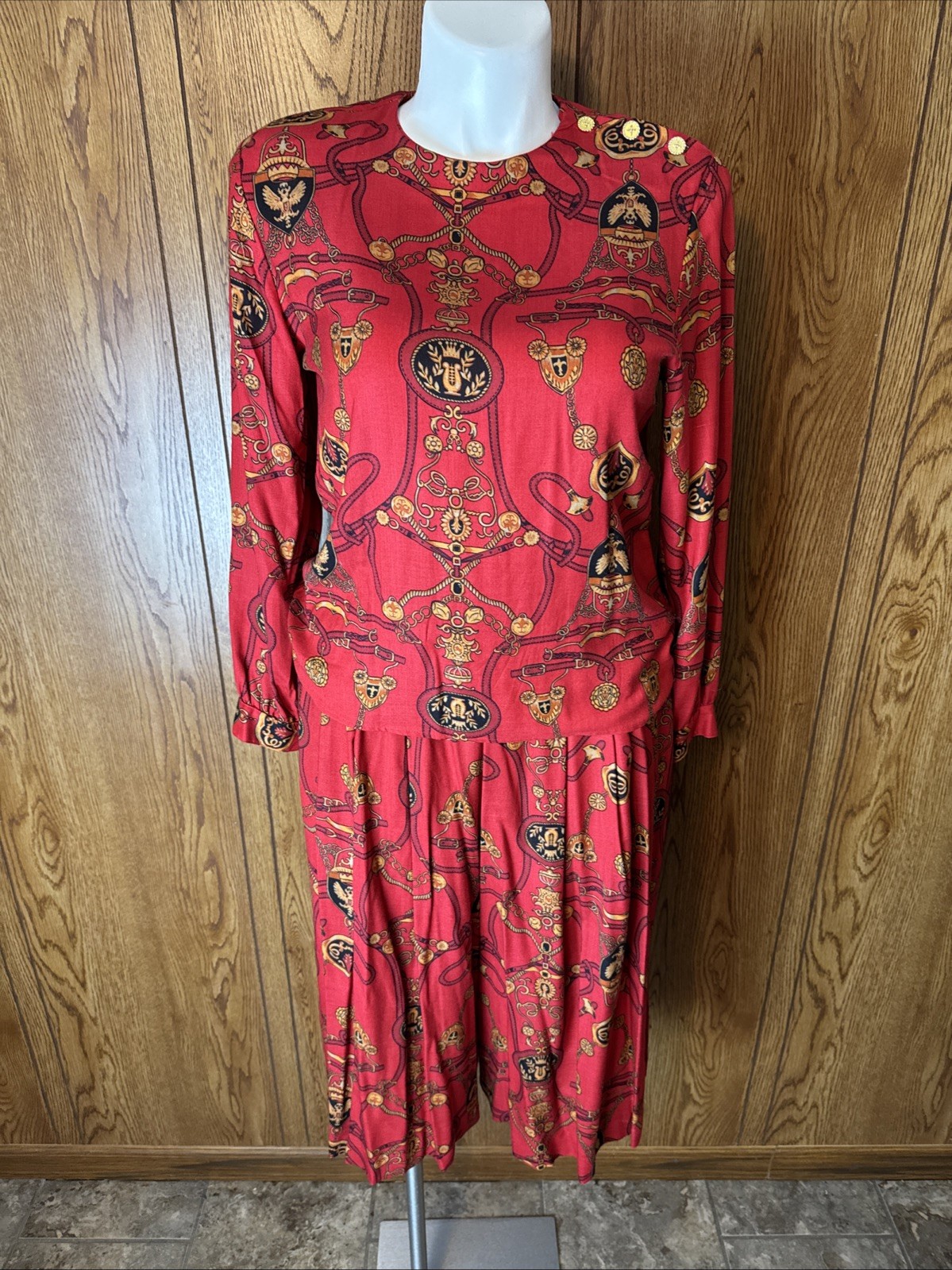 Vtg Leslie Faye Wide Leg Crop Culotte Pant & Blouse Set Equestrian Print 12P