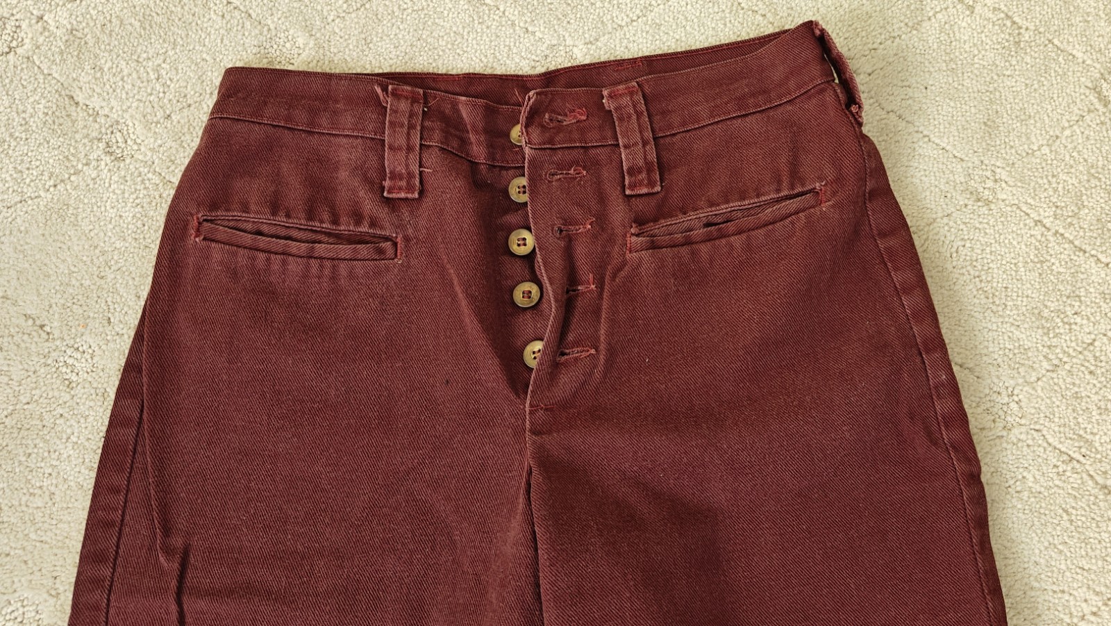 VTG 1970s Original Burgundy Five Button Fly Juniors Girls Bell Bottoms 26 X 28.5