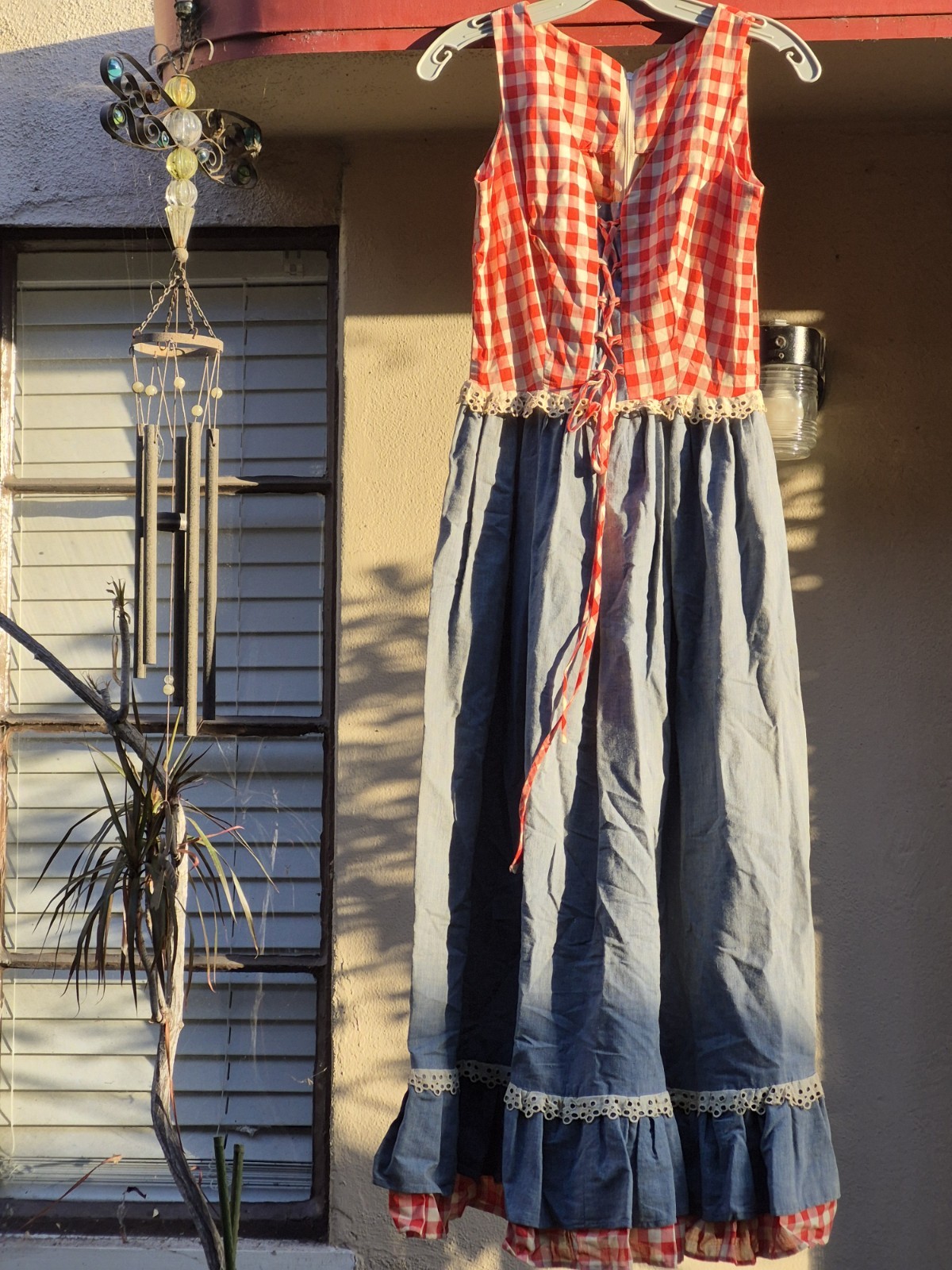 Vtg 50s Joy Stevens California Gingham Corset Ruffle Rockabilly Sleeveless Maxi