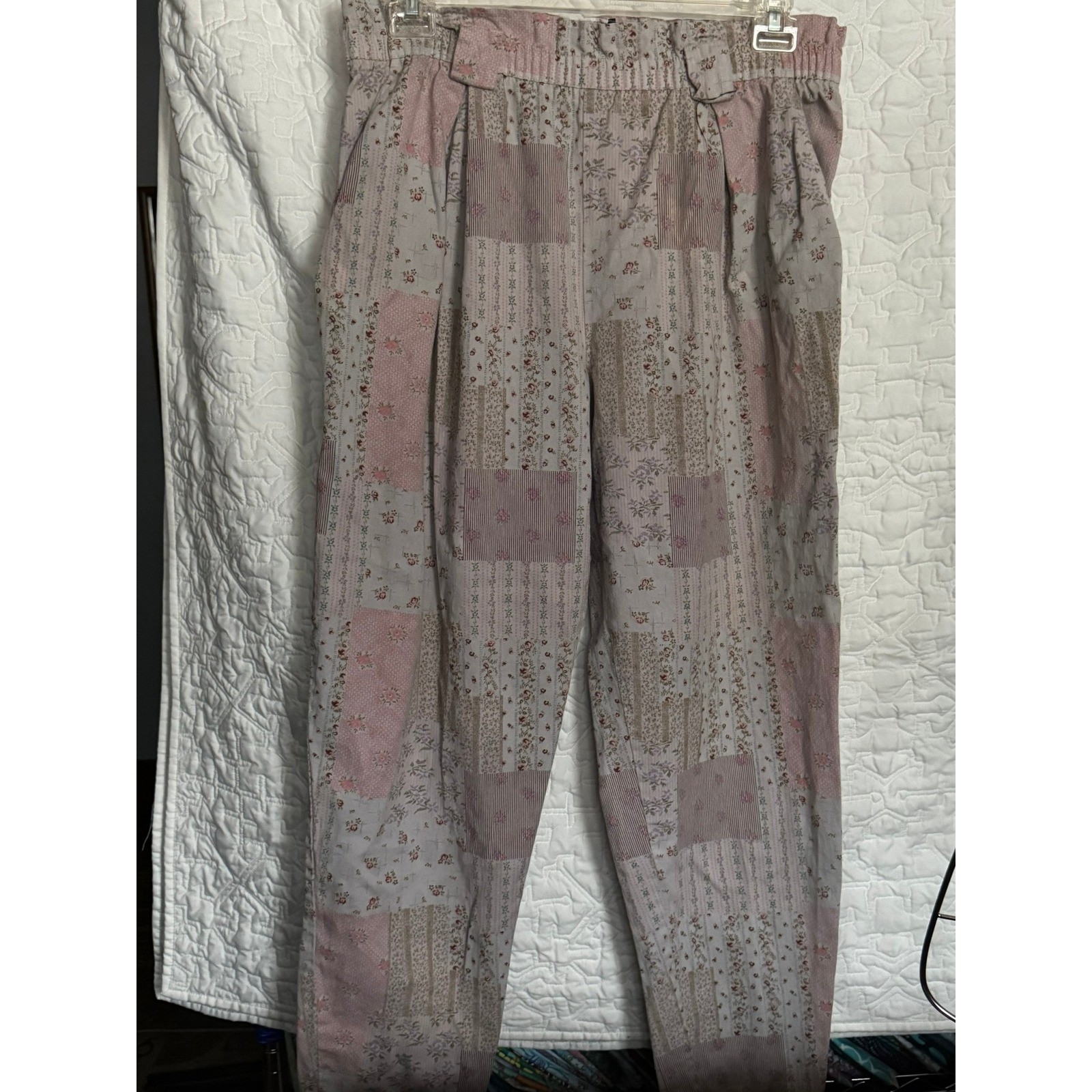 Vintage Main Street Patchwork Floral Tapered Pants Pink Cotton USA Made Large