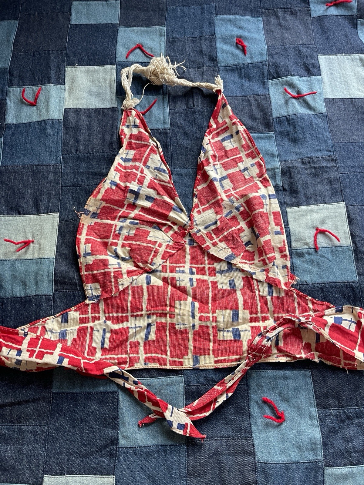 Vintage 30s 40s Women’s Halter Top Plaid Rope Back Swimsuit Tie Back Red Plaid M
