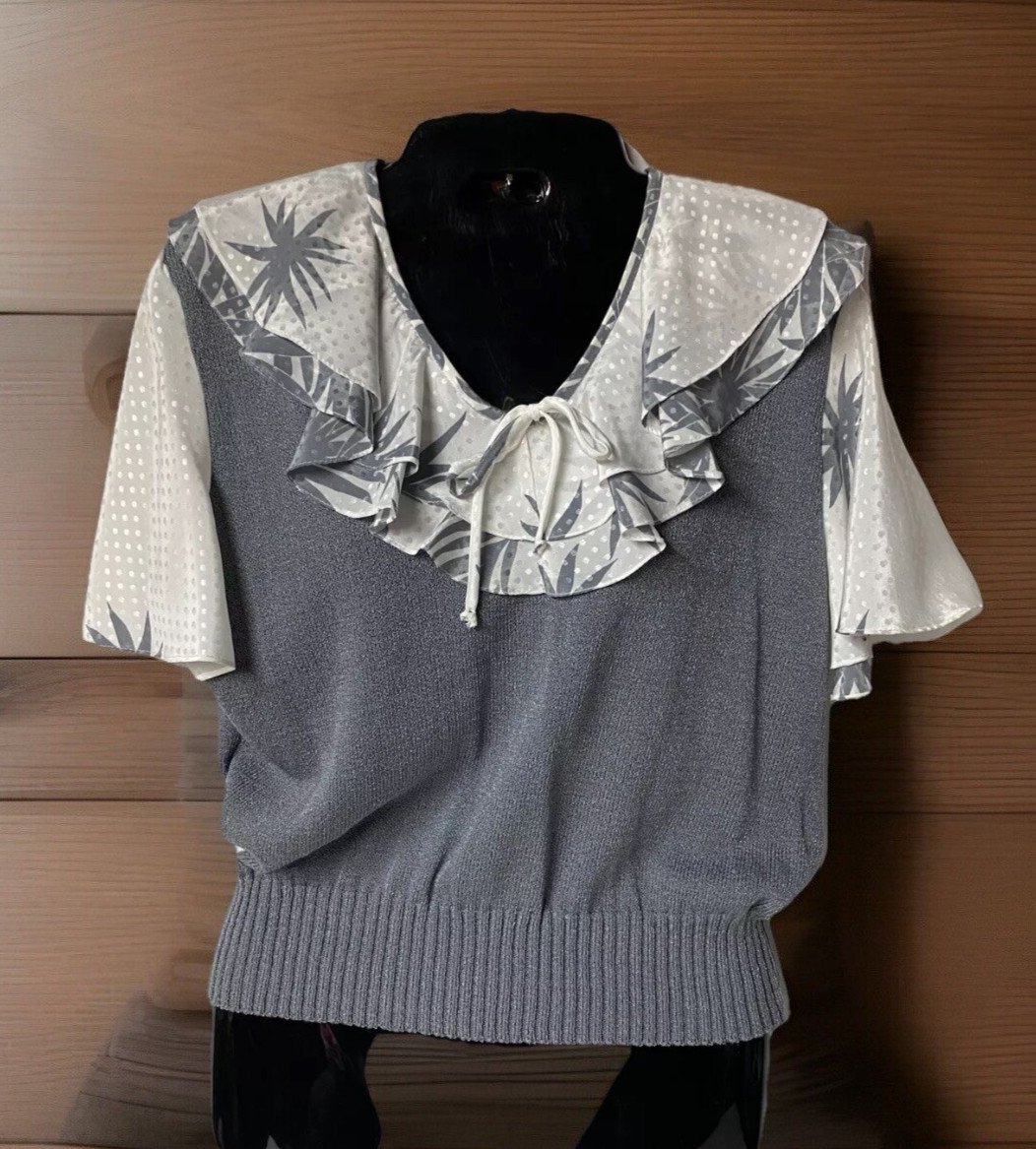 Anthony Sicari Double Ruffle Collar Vintage 80’s Gray Womens Sweater Size 10 USA